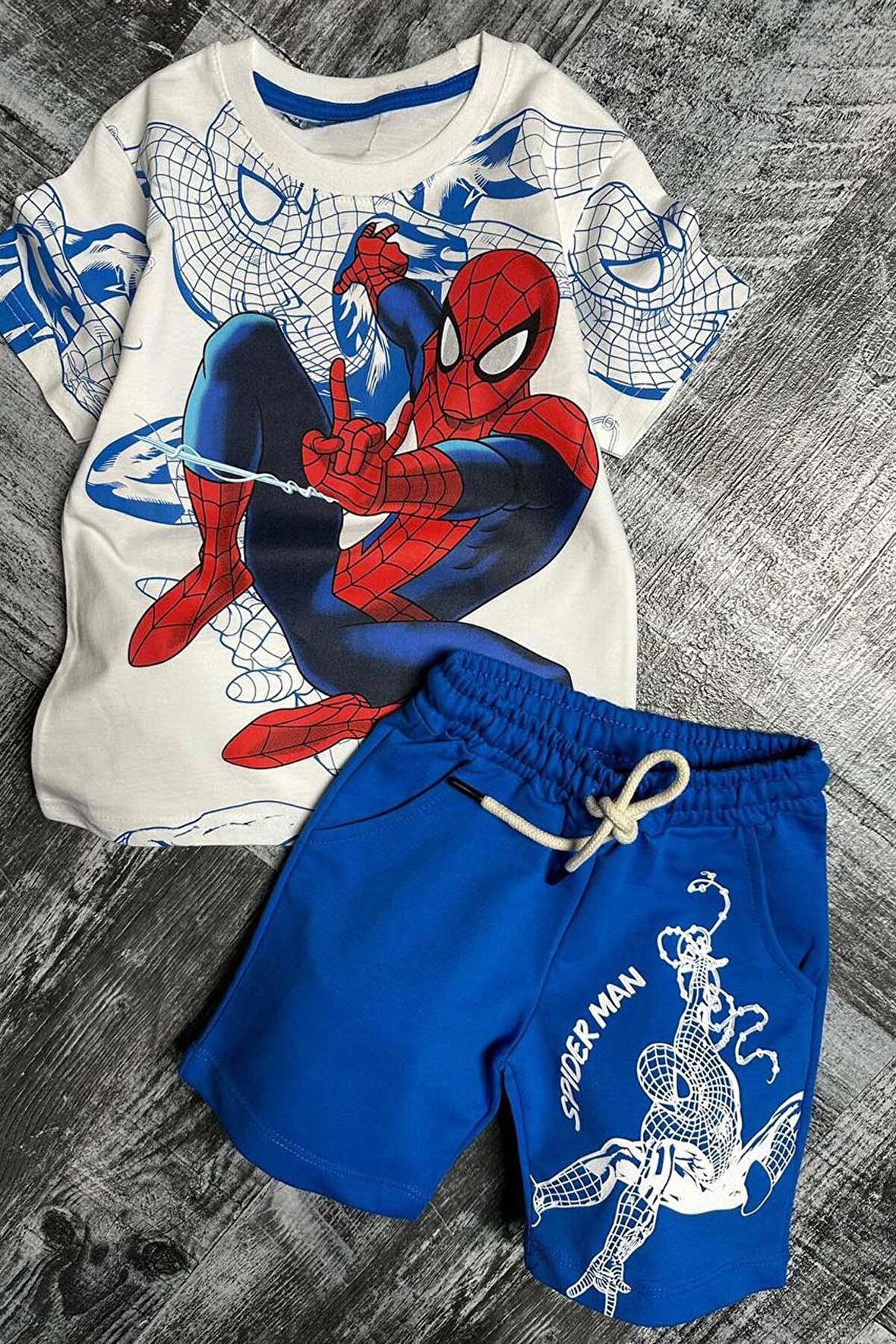 Erkek Çocuk Spiderman Digital ve Yazı Baskılı Kısa Kol Mavi Şortlu Takım