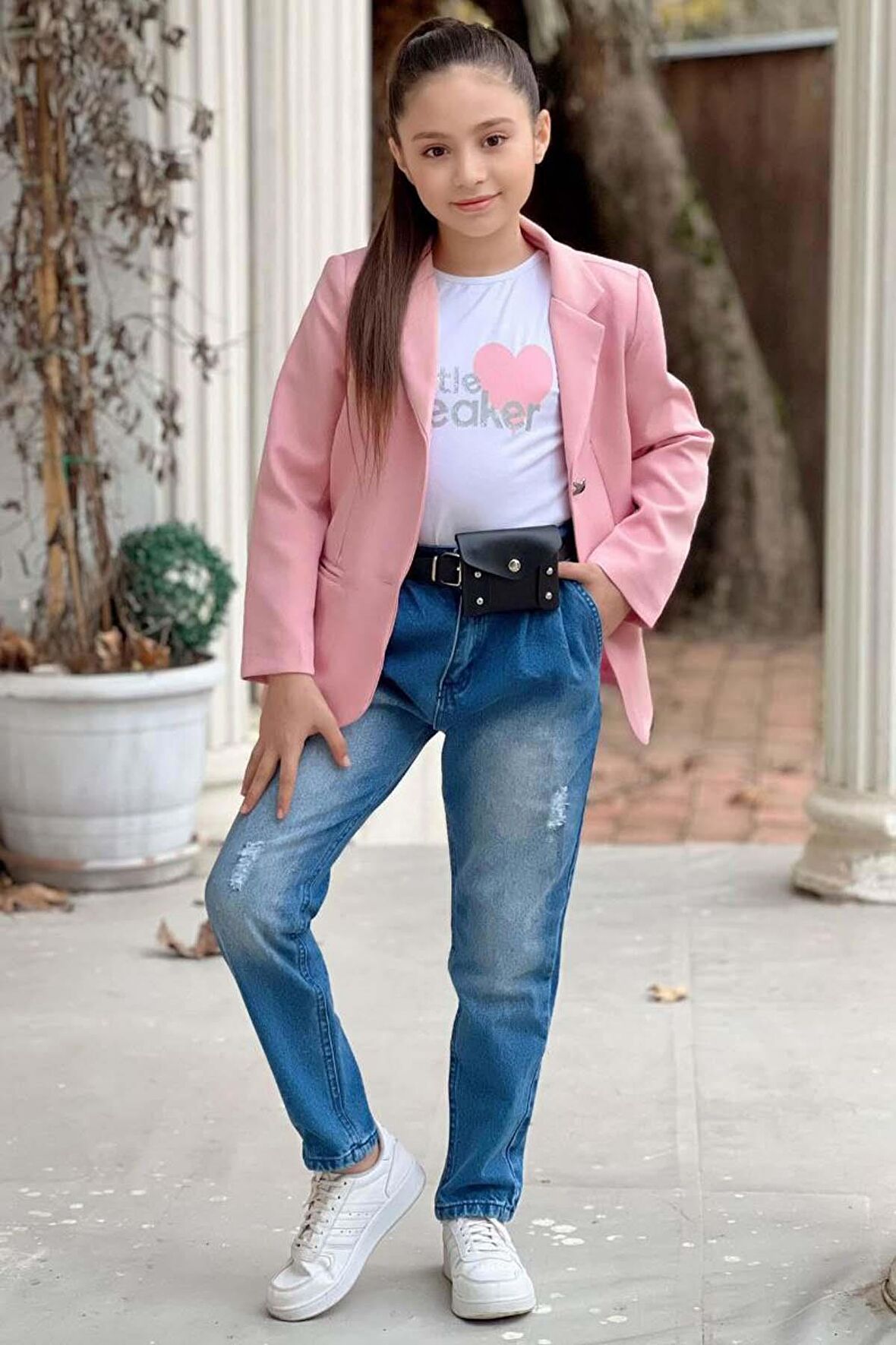 Kız Çocuk Kalp ve Little Baskılı Tişört ve Jean Pudra Blazer Ceket Alt Üst Takım