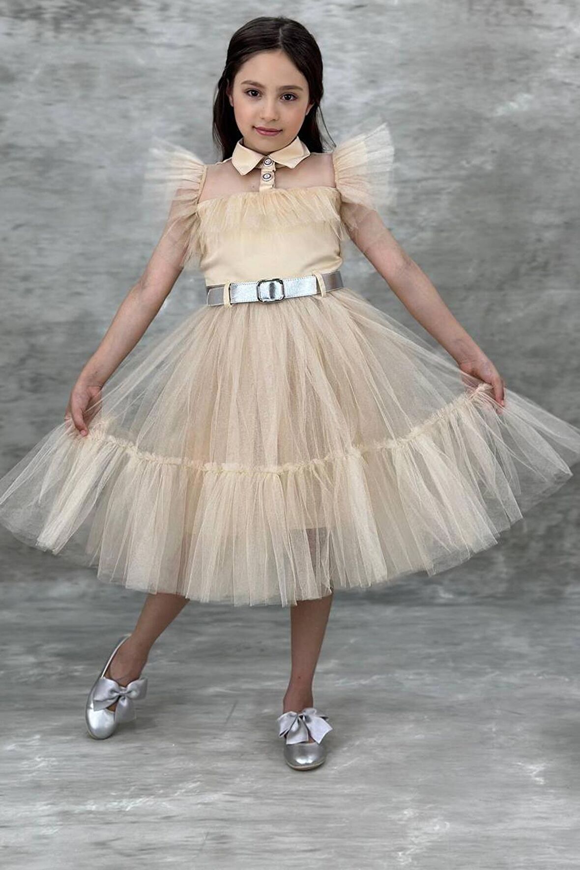 Kız Çocuk Gömlek Yaka Göğsü Ve Kolları Tül Detaylı Wednesday Somon Elbise