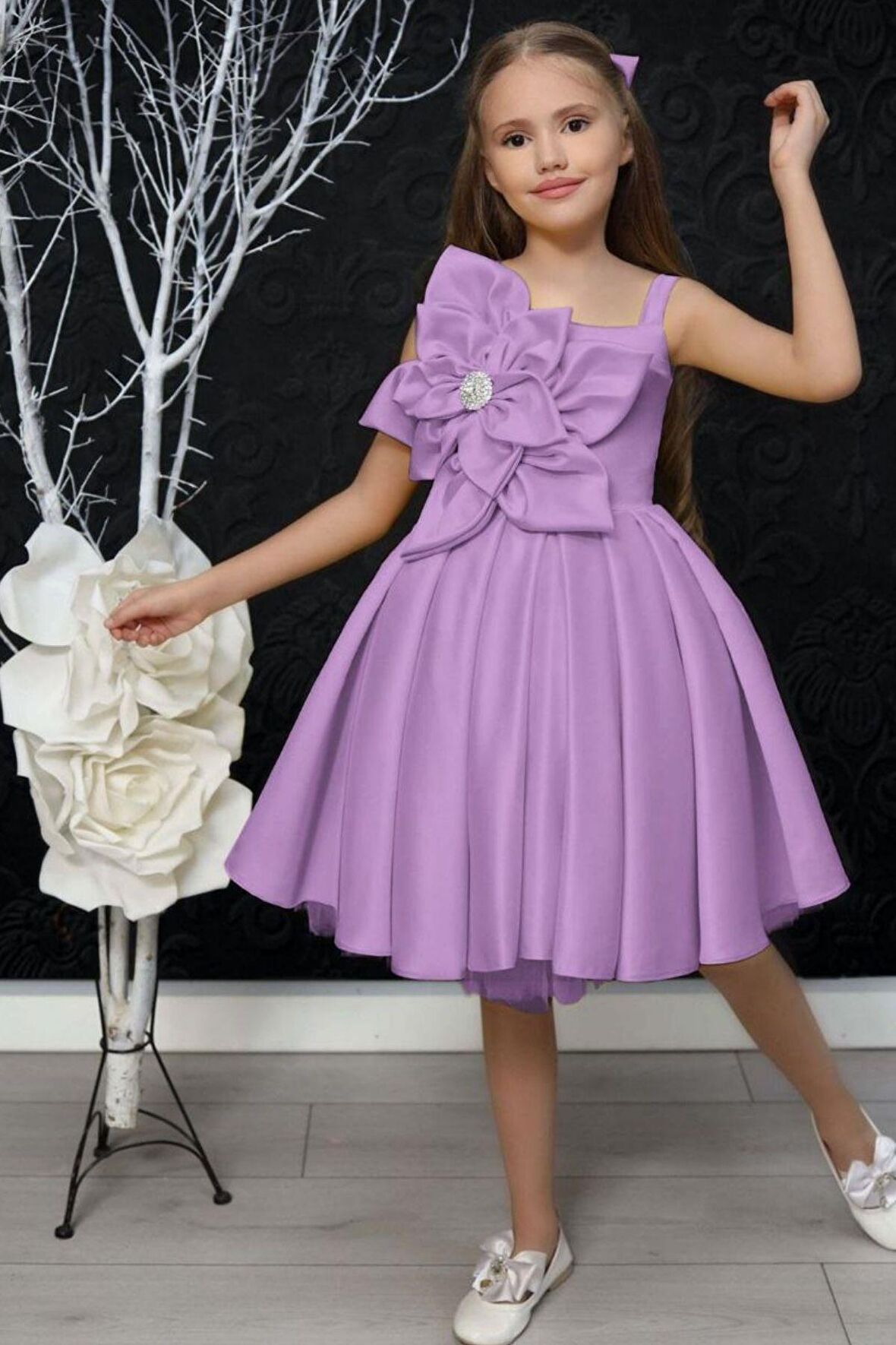 Kız Çocuk Göğsü Çiçek Detaylı Kalın Askılı Lila Abiye