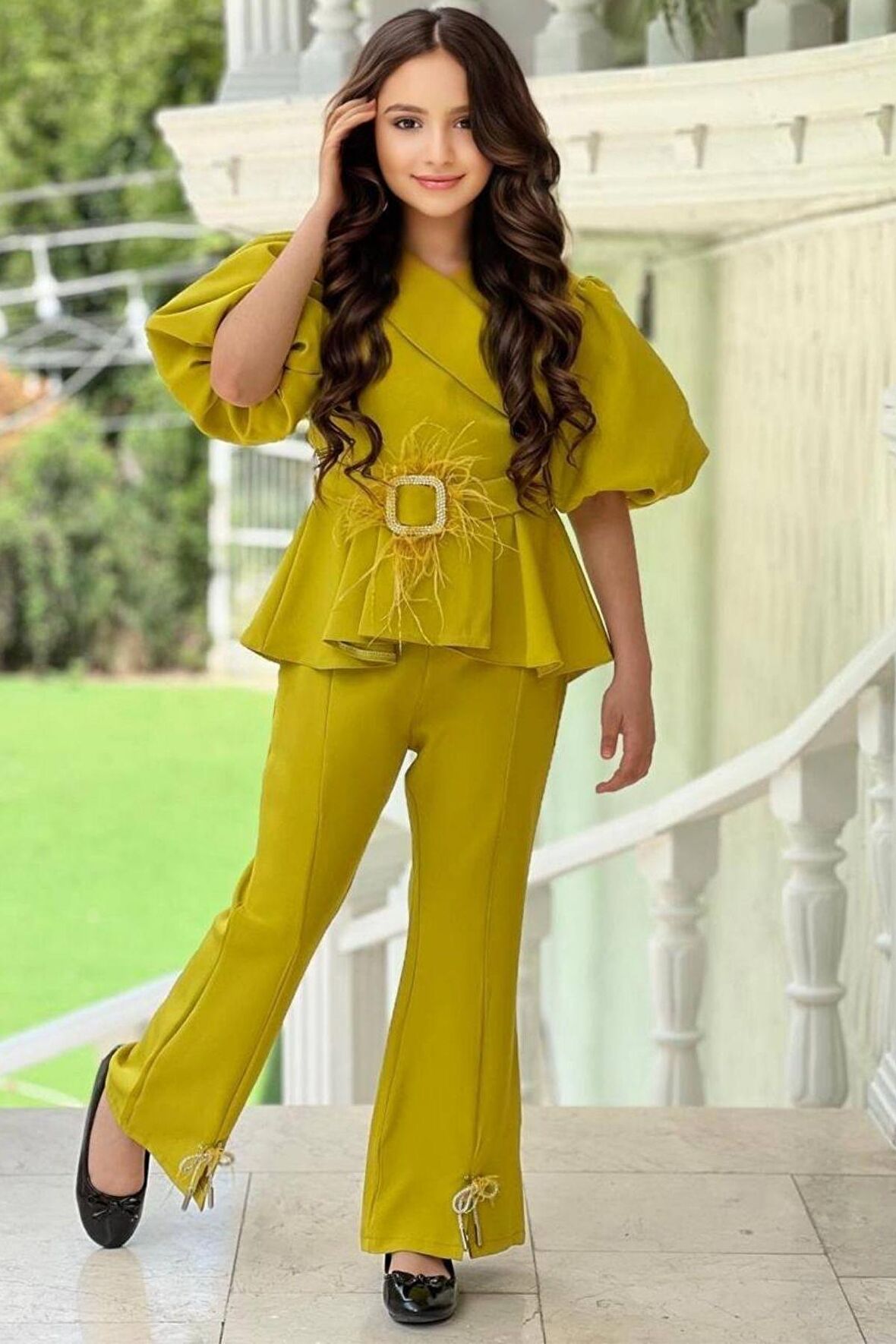 Kız Çocuk Fermuar ve Kemer Detaylı Kruvaze Yaka Hardal Alt Üst Takım