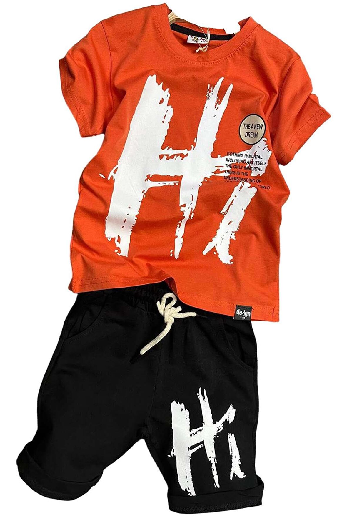 Erkek Çocuk Hi Yazı Baskılı Kısa Kollu Turuncu Şortlu Takım