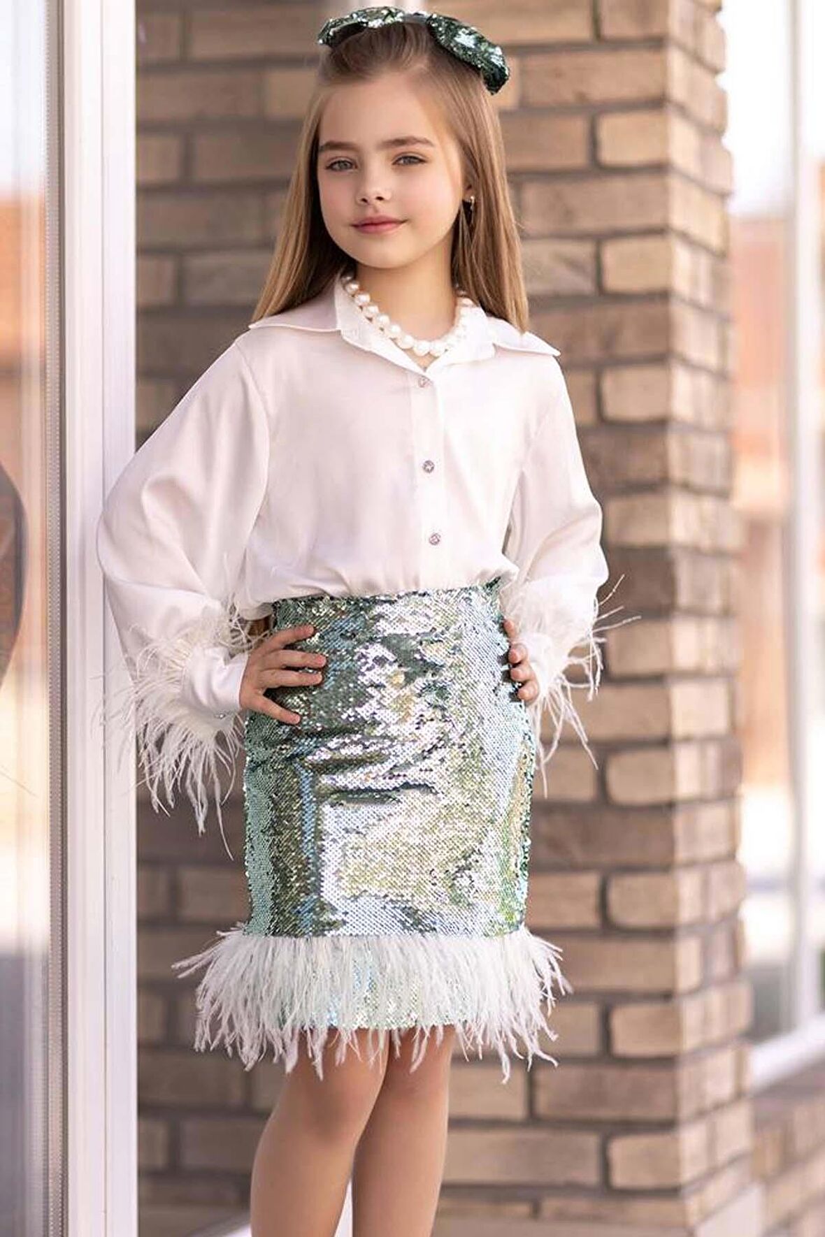 Kız Çocuk Kol Uçları ve Etek Uçu Kırçıllı Pulpaytet Detaylı Su Yeşil Etekli Takım