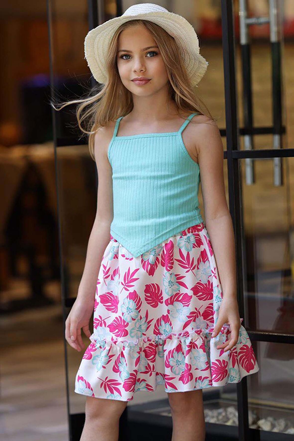 Kız Çocuk Kaşkorse Crop ve Dijital Baskılı Fuşya Etekli Takım