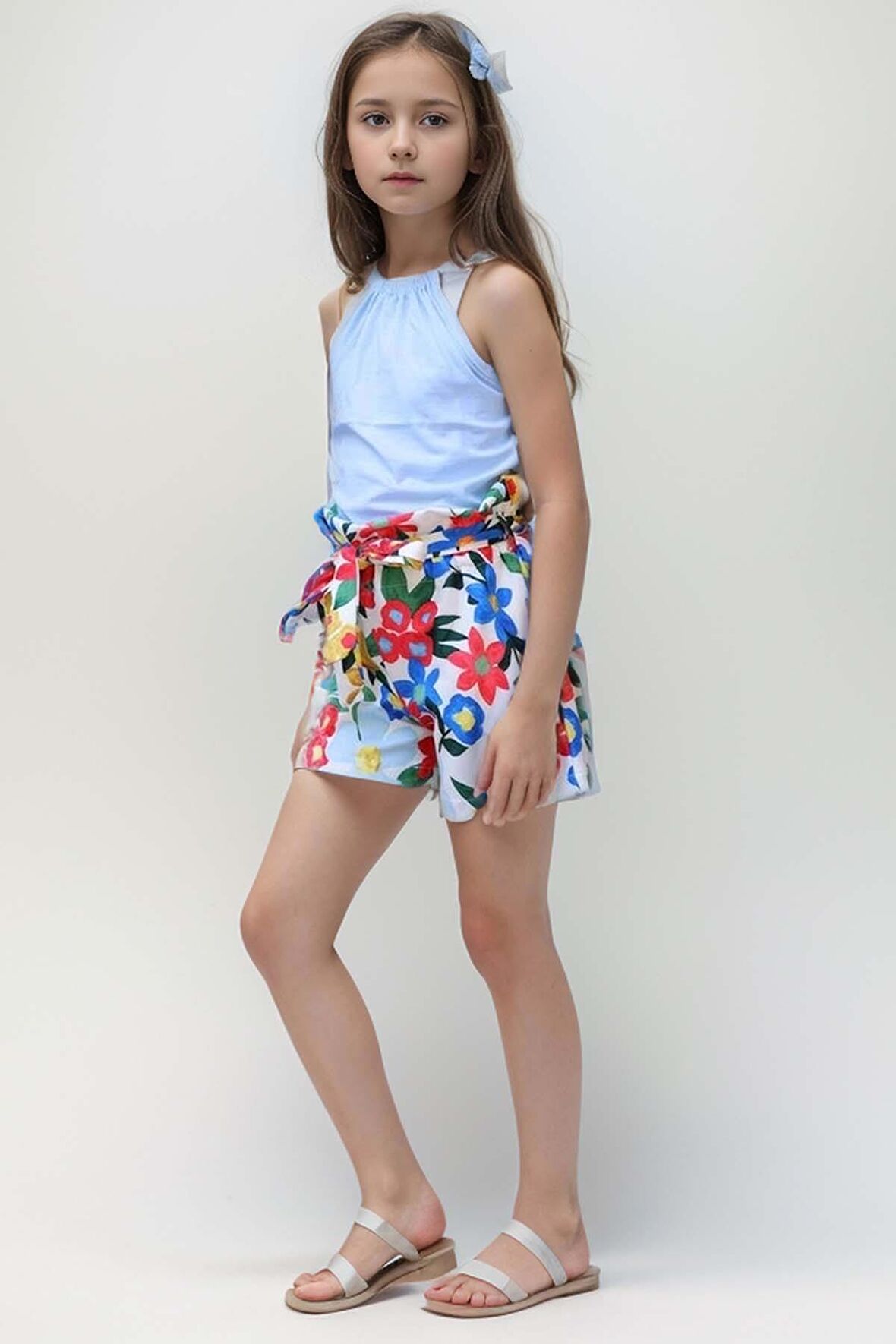 Kız Çocuk Renkli Flower Baskı ve Halter Yaka LightBlue Bluz Şortlu Takım