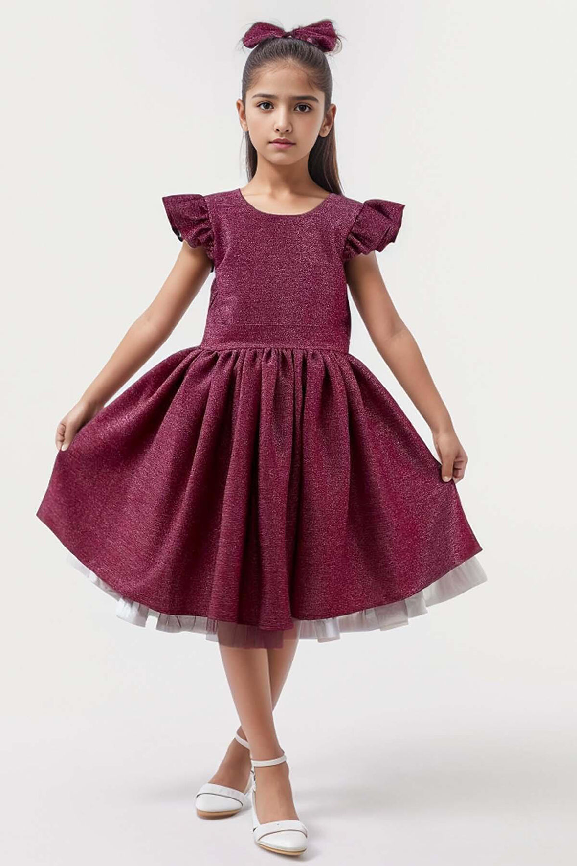 Kız Çocuk Omzu Fırfırlı Parıldayan Delica Mor Elbise