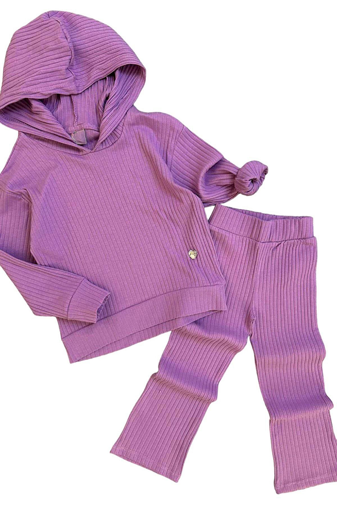 Kız Çocuk Kapüşonlu Sweatshirt Beli Lastikli Fitilli Lila Alt Üst Takım