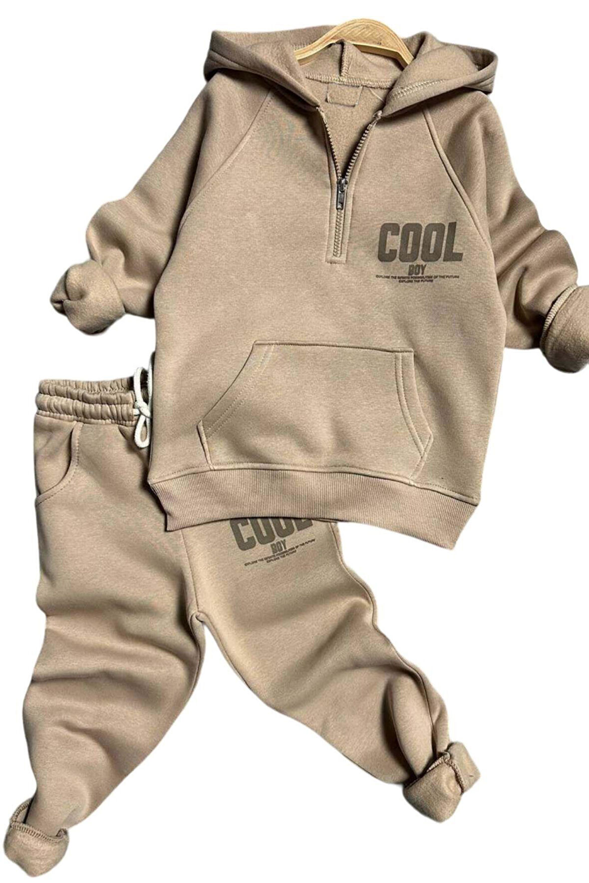 Erkek Çocuk Cool Boy Baskılı Fermuarlı Yaka Cepli Sweatshirt Bej Eşofman Takım