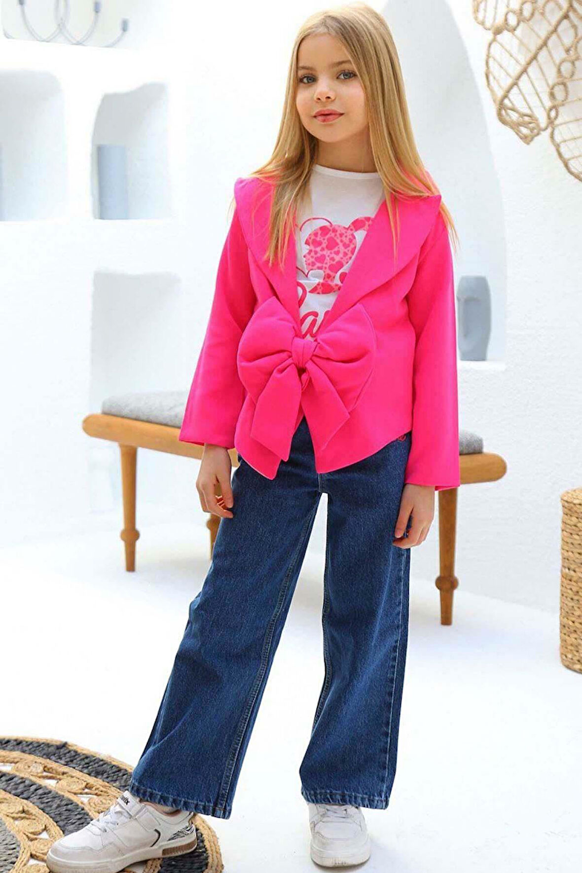 Kız Çocuk Digital ve Yazı Baskılı Tişört Önü Fiyonklu Blazer Ceket Pembe Alt Üst Takım