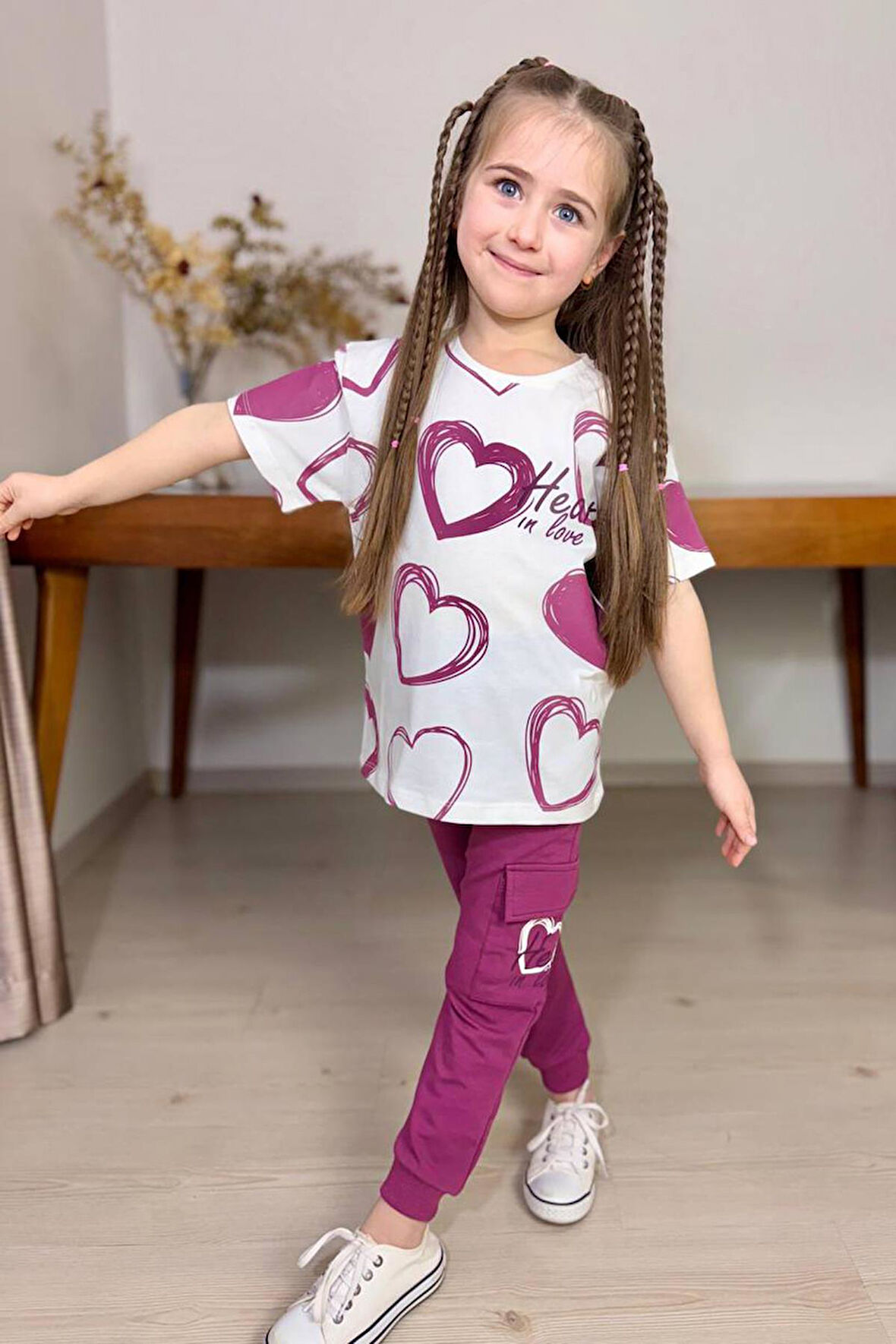 Kız Çocuk Pano Kalp Baskı Bisiklet Yaka T-Shirt Kargo Cepli Alt Mor Eşofman Takım