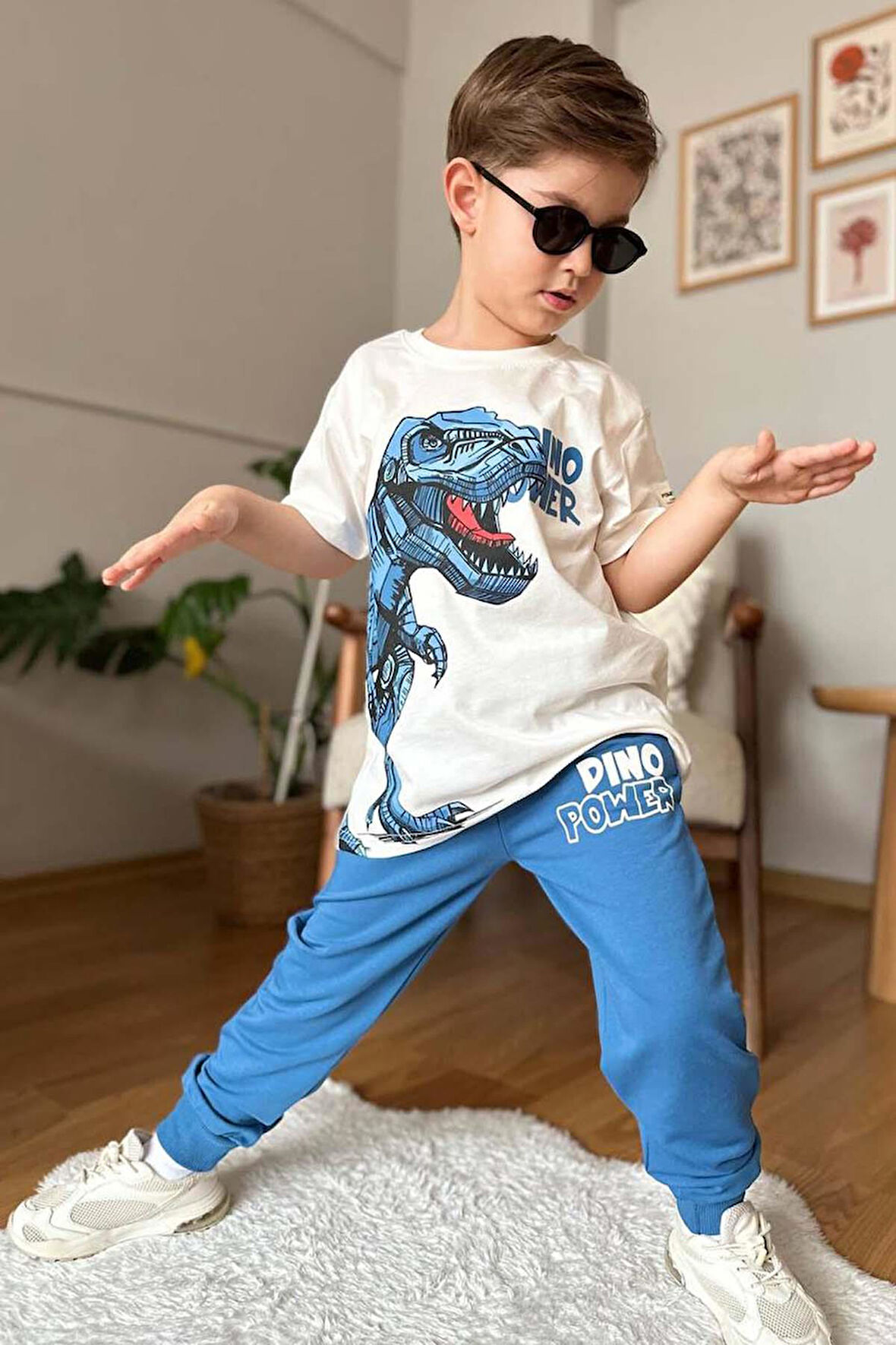 Erkek Çocuk Dinazor Digital Baskı Ve Yazı Detaylı T-Shirt Mavi Eşofman Takım