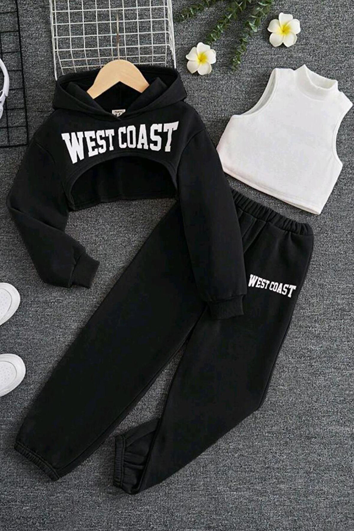 Kız Çocuk Kolsuz Bluz West Coast Baskı Kapüşonlu Crop Kaşkorse 3'lü Siyah Eşofman Takım