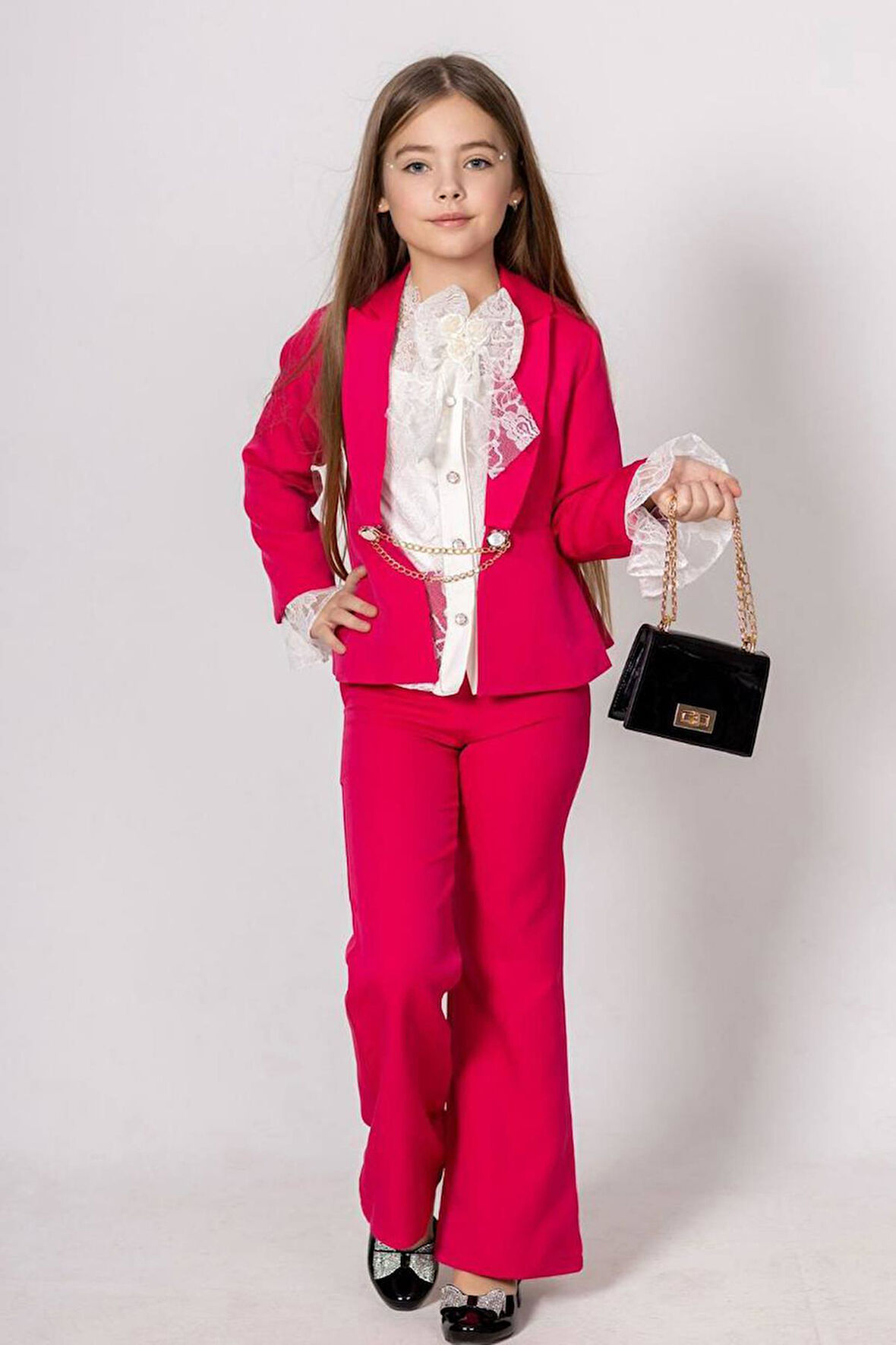 Kız Çocuk Dantel İşlemeli İspanyol Kol Bluz Zincir Düğme Detaylı Blazer Ceket Fuşya Alt Üst Takım