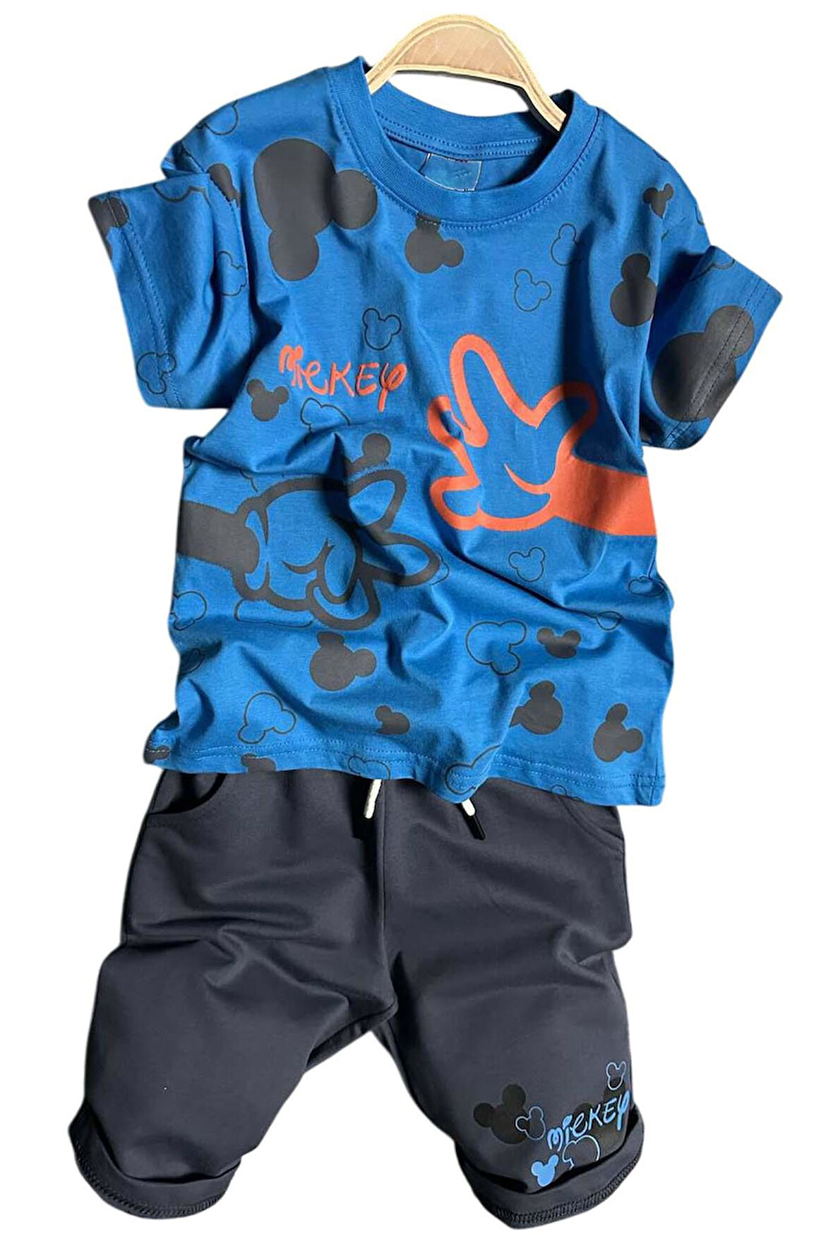 Erkek Çocuk Parmak ve Ayıcık Baskılı Lacivert T-Shirt Şortlu Takım