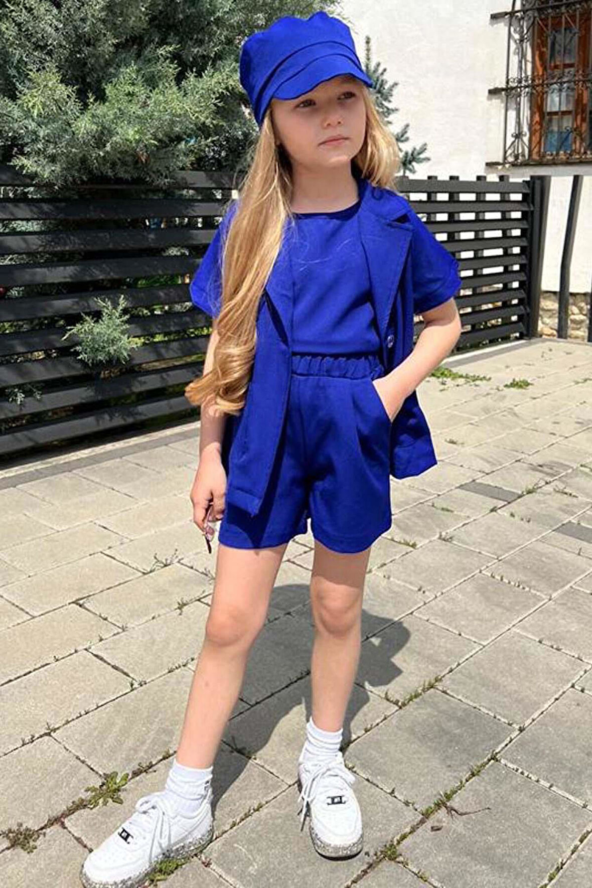 Kız Çocuk Kolsuz Penye Bluz Kısa Kollu Blazer Ceket Şapkalı Saks Mavisi Şortlu Takım
