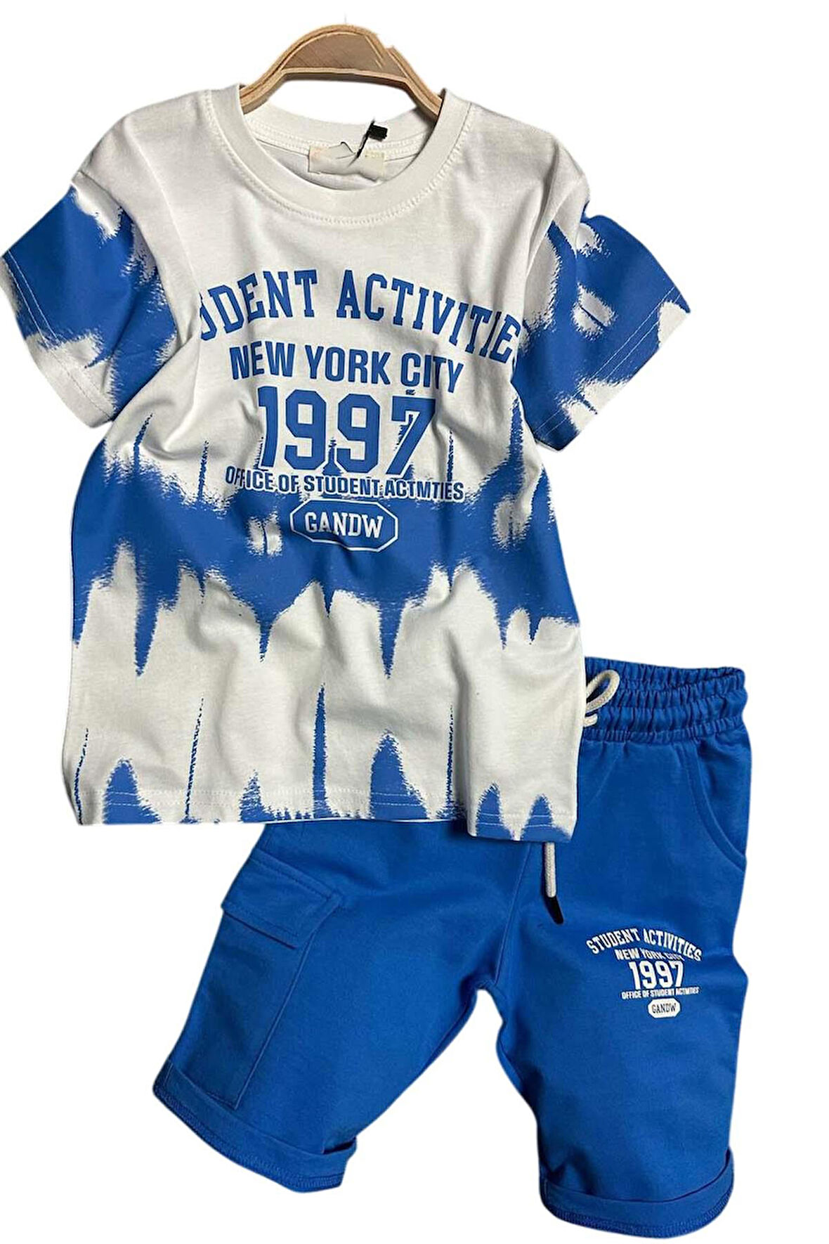 Erkek Çocuk New York City ve Yazı Baskılı T-Shirt Mavi Şortlu Takım