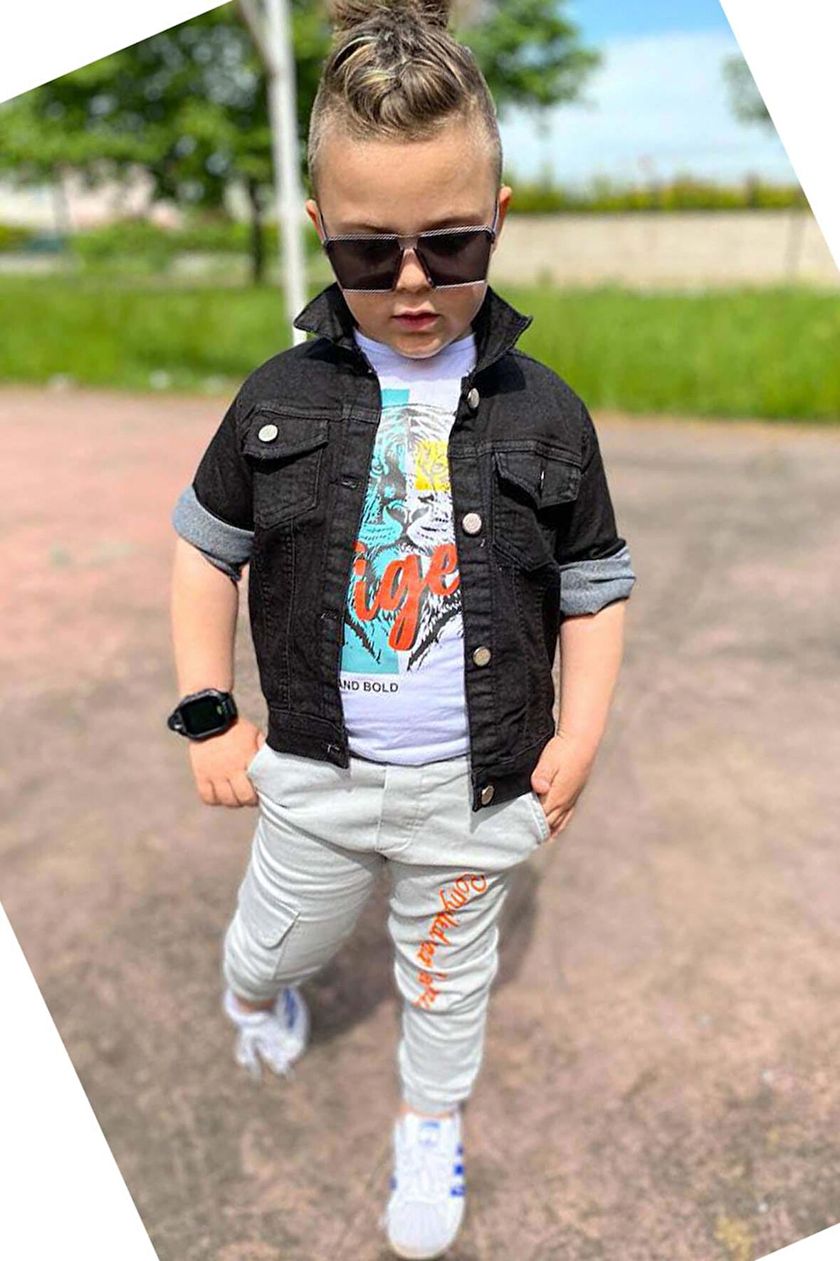 Erkek Çocuk Kaplan Detaylı T-shirt Sırt Baskılı Siyah Jean Ceket Kargo Cepli Alt Üst Takım