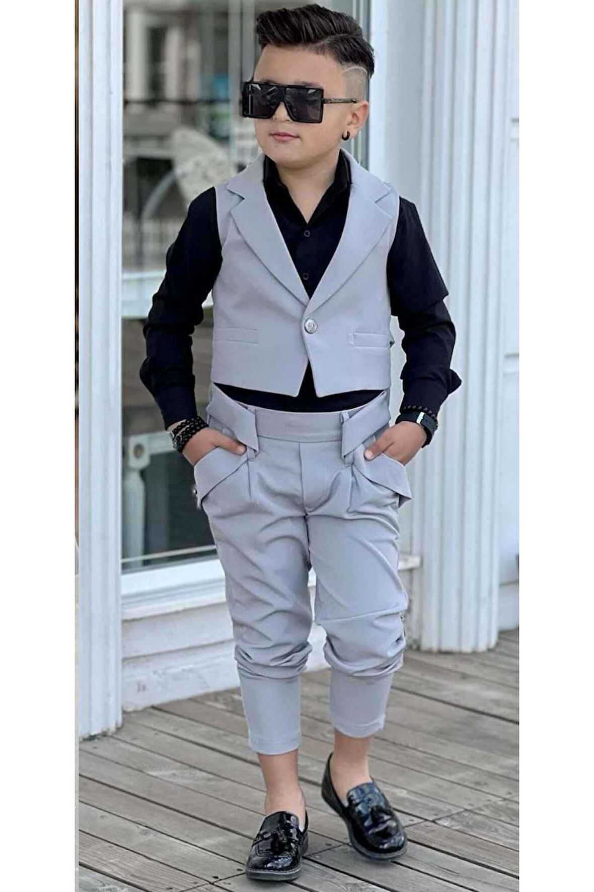 Erkek Çocuk Gümüş Düğme Detaylı Yelek Gabardin Siyah Gömlek Gri Alt Üst Takım