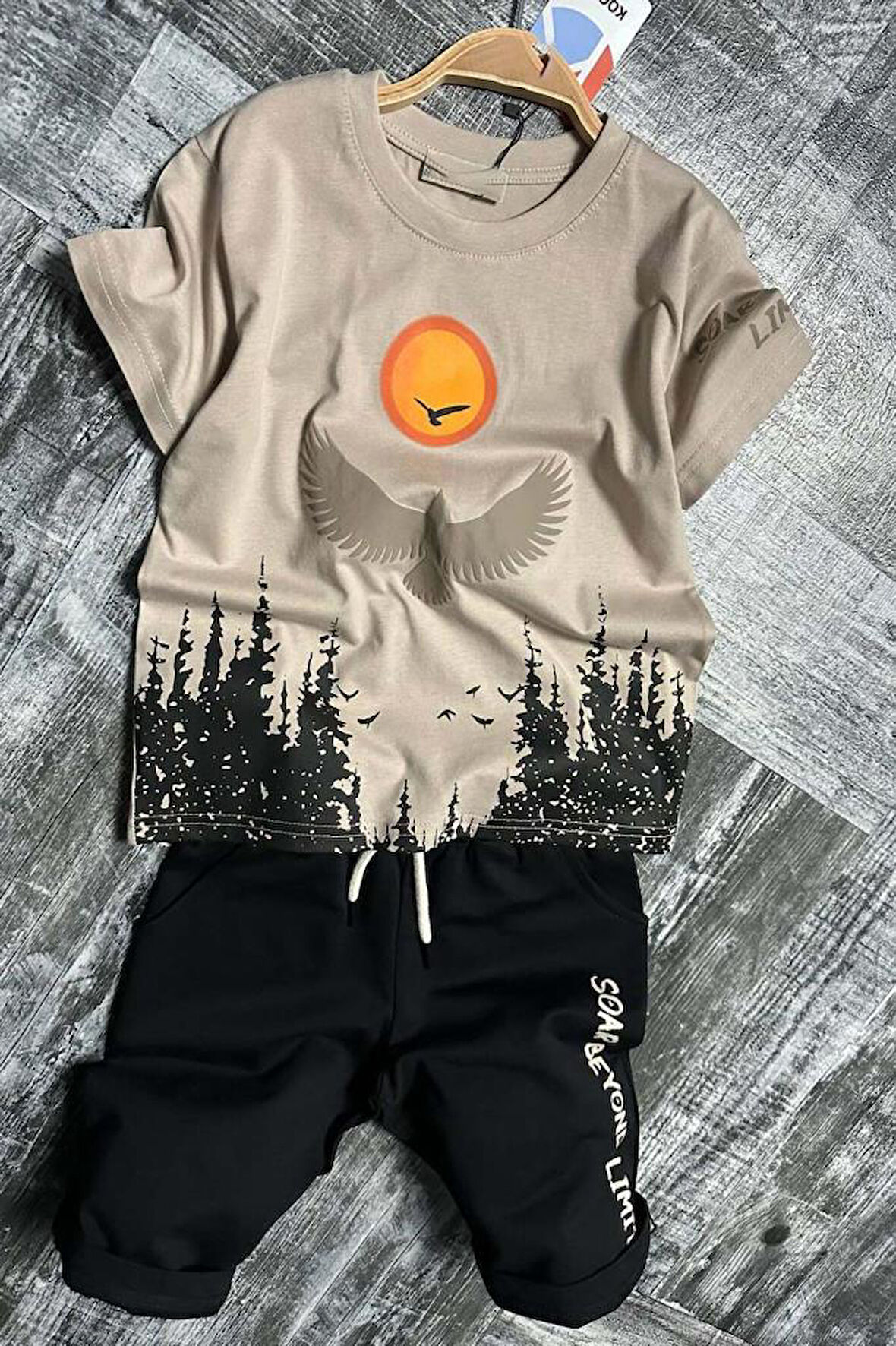 Erkek Çocuk Ağaç ve Güneş Baskılı T-shirt Yazı Detaylı Bej Şortlu Takım