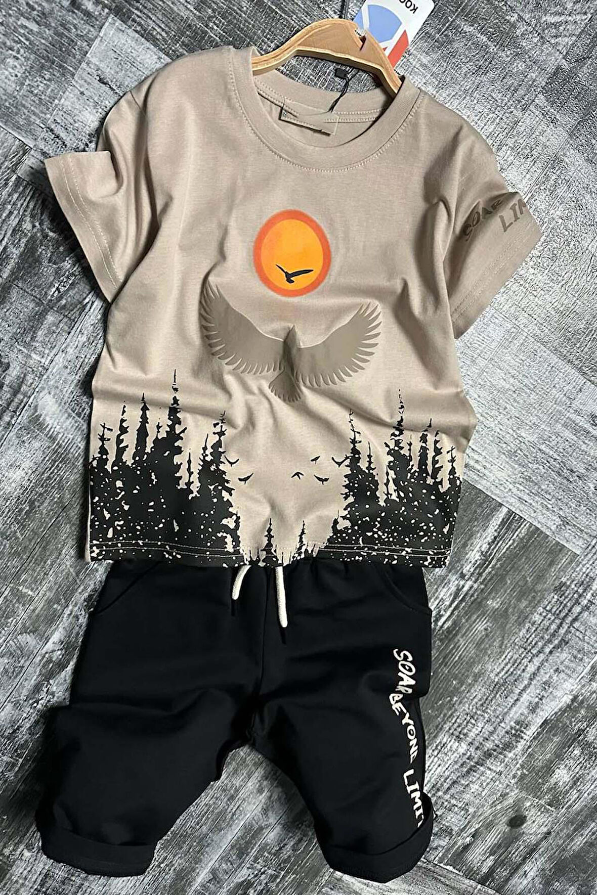 Erkek Çocuk Ağaç ve Güneş Baskılı T-shirt Yazı Detaylı Bej Şortlu Takım