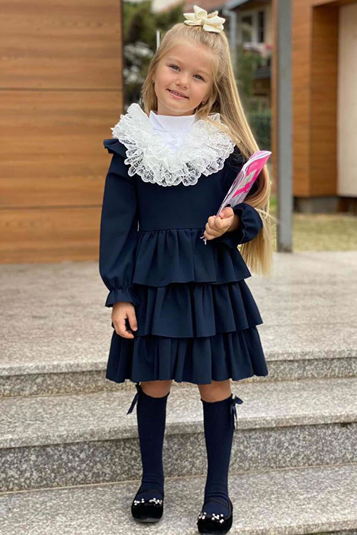 Kız Çocuk Tak Çıkar Dantelli Yaka Eteği KatKat Fırfırlı Pliseli Lacivert Elbise