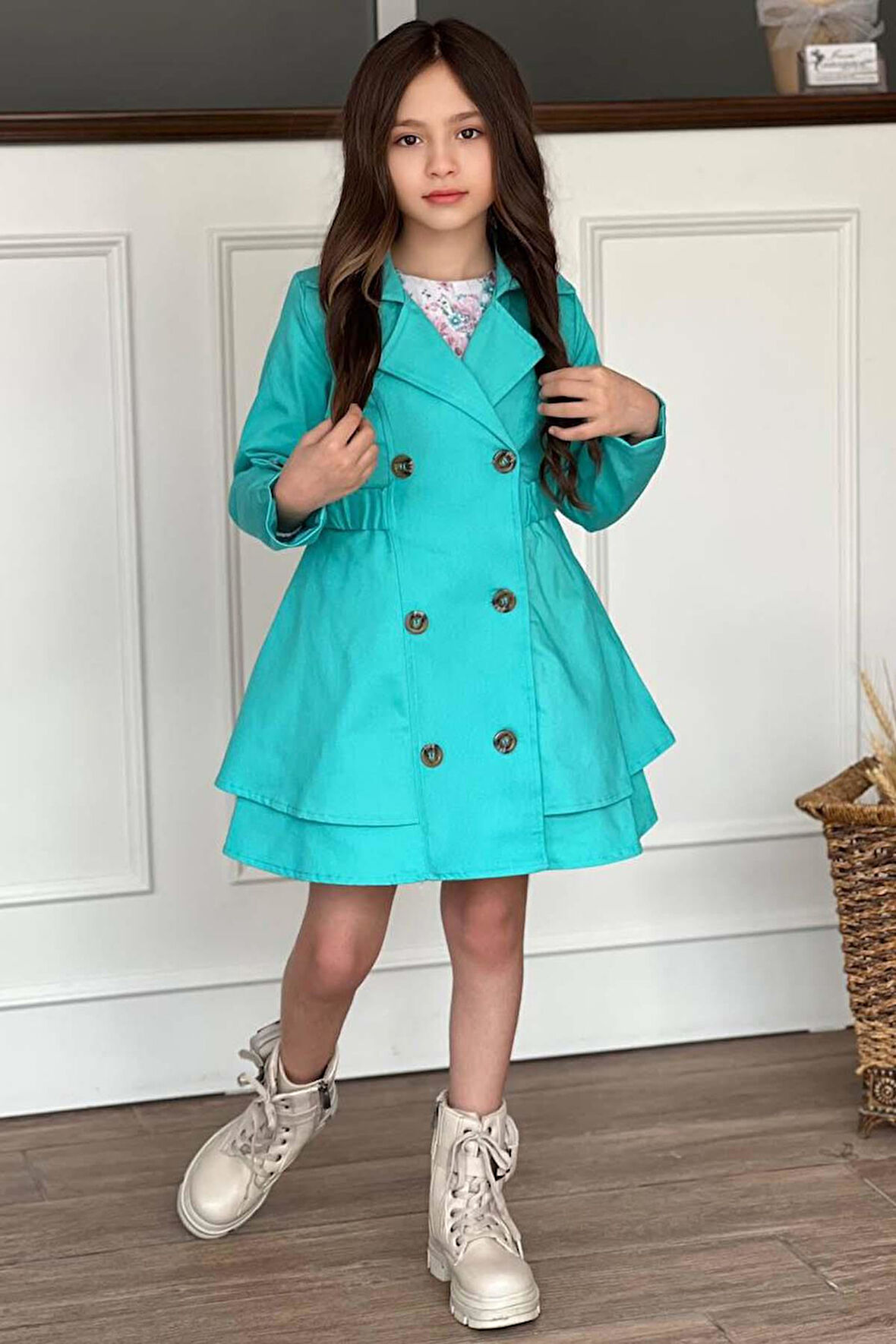 Kız Çocuk Çiçek Desenli Piliseli Turkuaz Trençkotlu Elbise