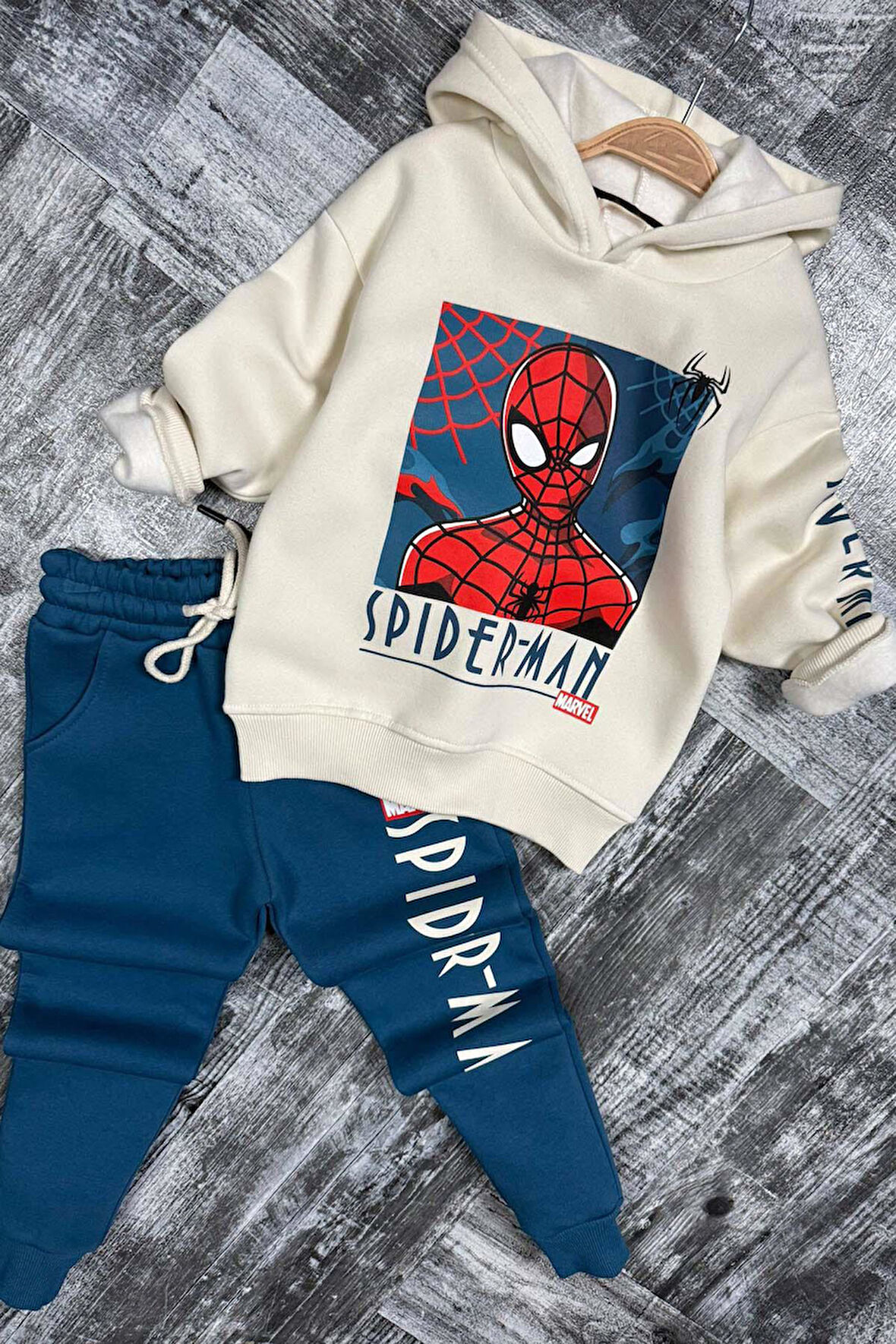 Erkek Çocuk Örümcek Adam Digital Baskılı Kapşonlu Sweat Mavi Eşofman Takım