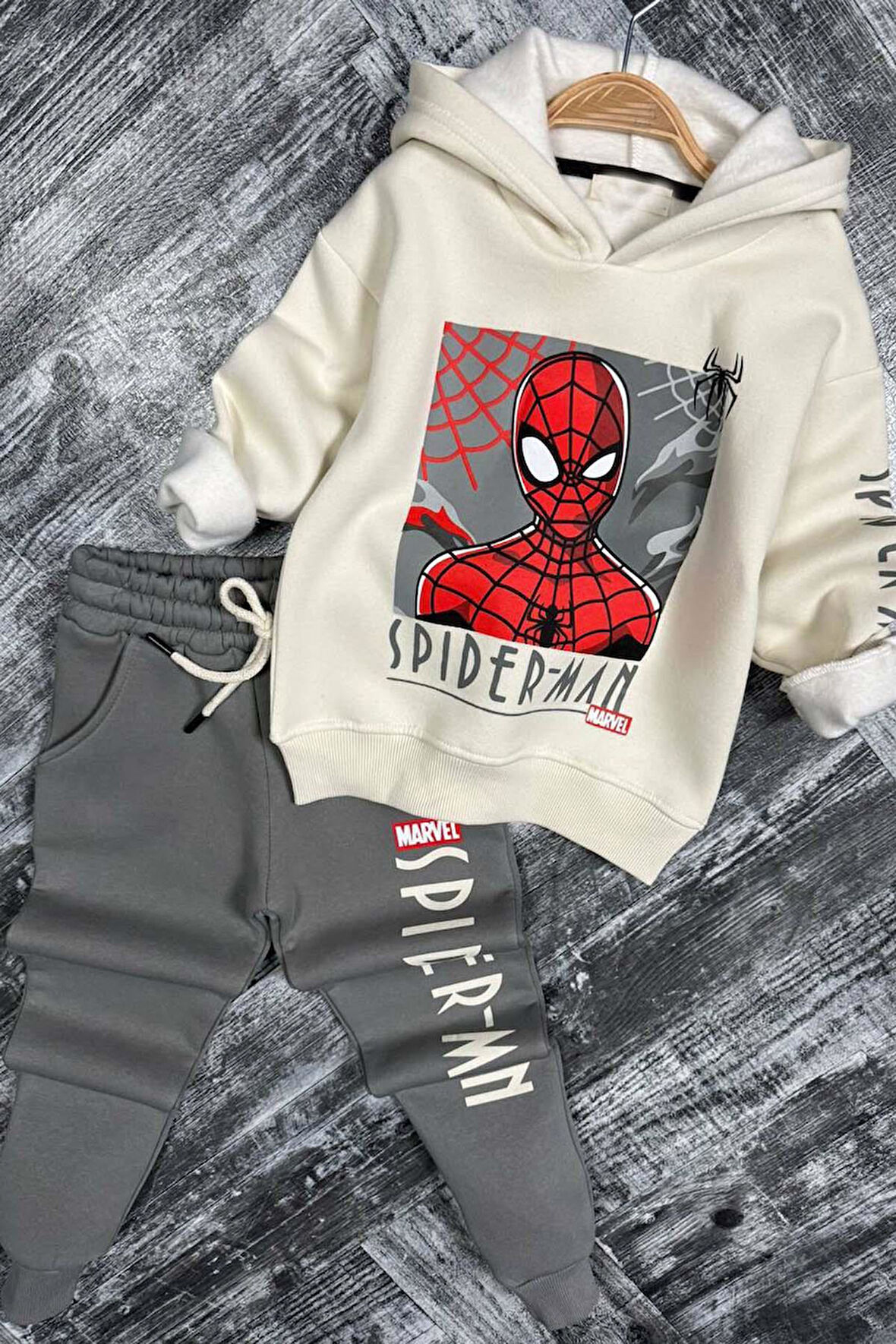 Erkek Çocuk Örümcek Adam Digital Baskılı Kapşonlu Sweat Gri Eşofman Takım