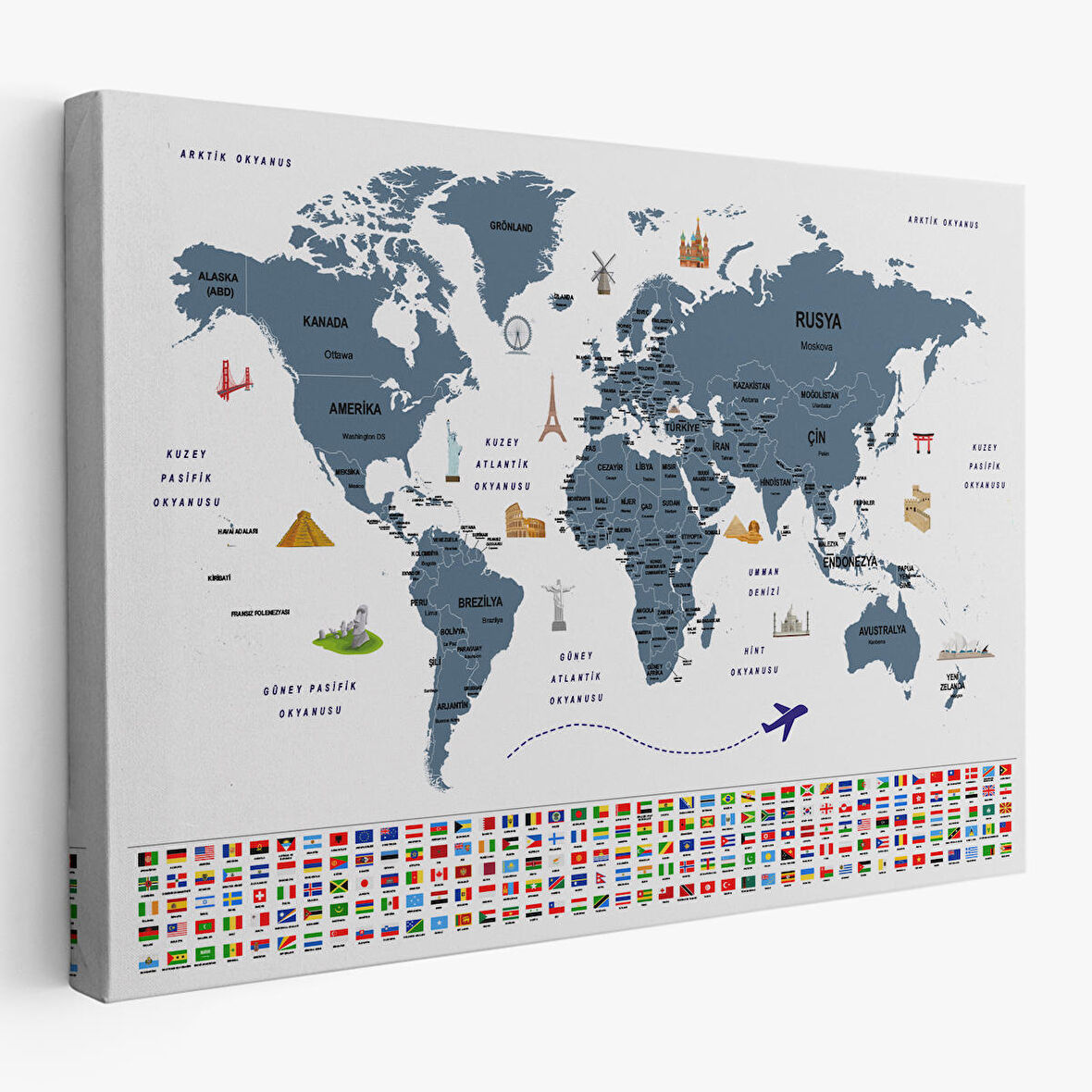 Harita Sepeti Türkçe Dünya Haritası Ülke Bayrak ve Başkentli Kanvas Tablo 1920