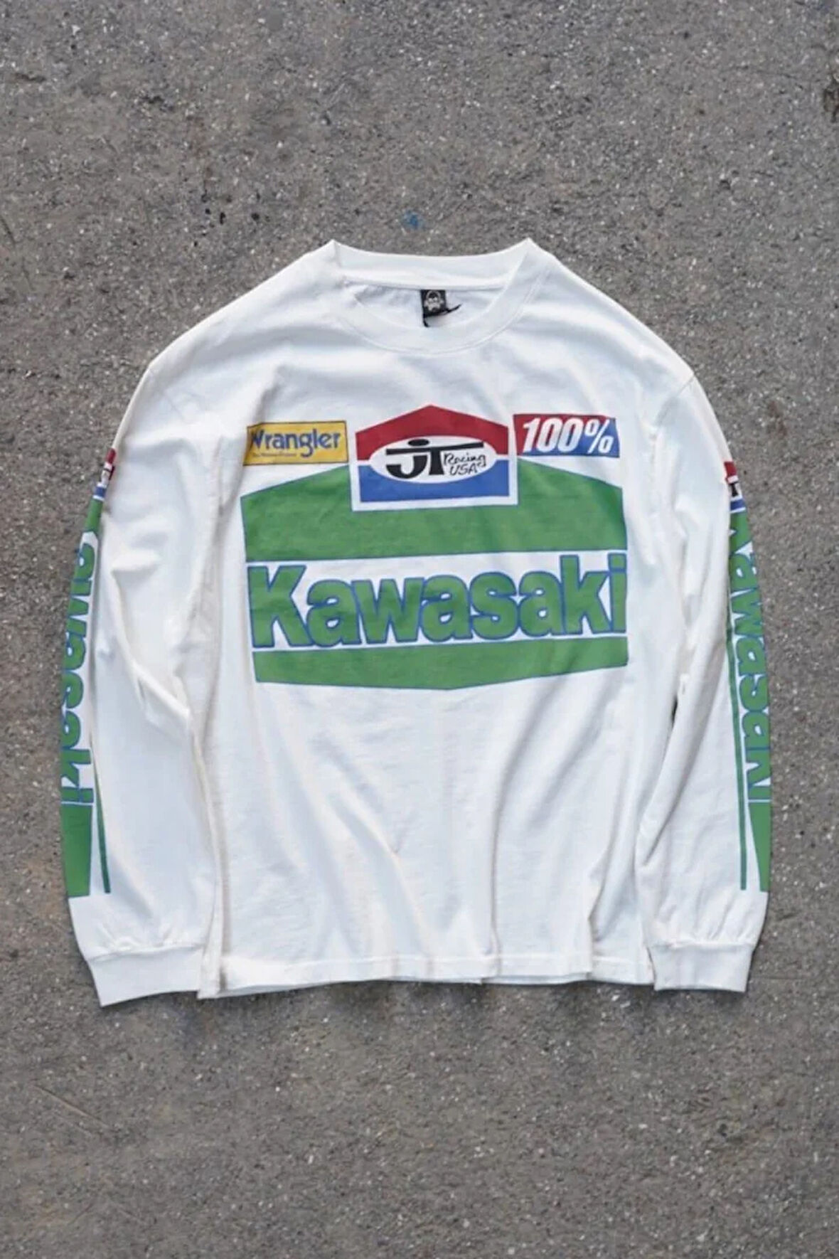 Overdrive Unisex Beyaz Uzun Kollu Kawasaki Racing Motorcu Tişörtü