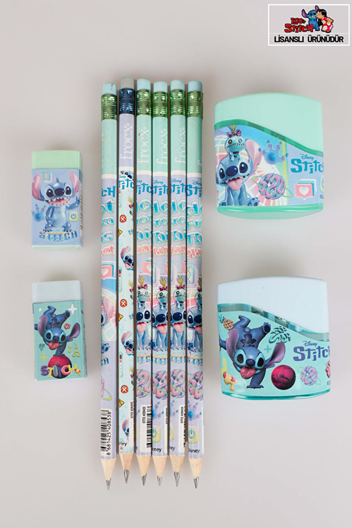 DEKOMUS İLE LİSANSLI STITCH 6 ADET SİLGİLİ KURŞUN KALEM,2 ADET SİLGİ VE2 ADET KALEMTRAŞ SETİ