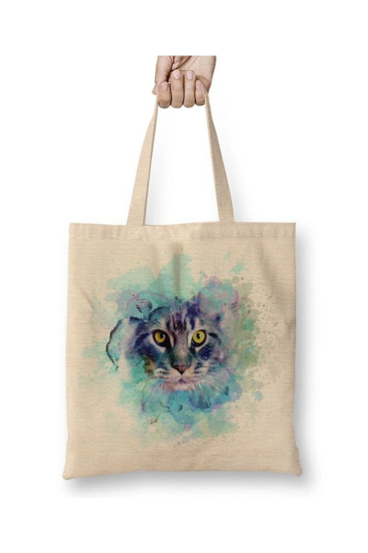 Color Cat Renkli Kedi Beyaz Bez Çanta Uzun Saplı Alışveriş Çantası Plaj Çantası