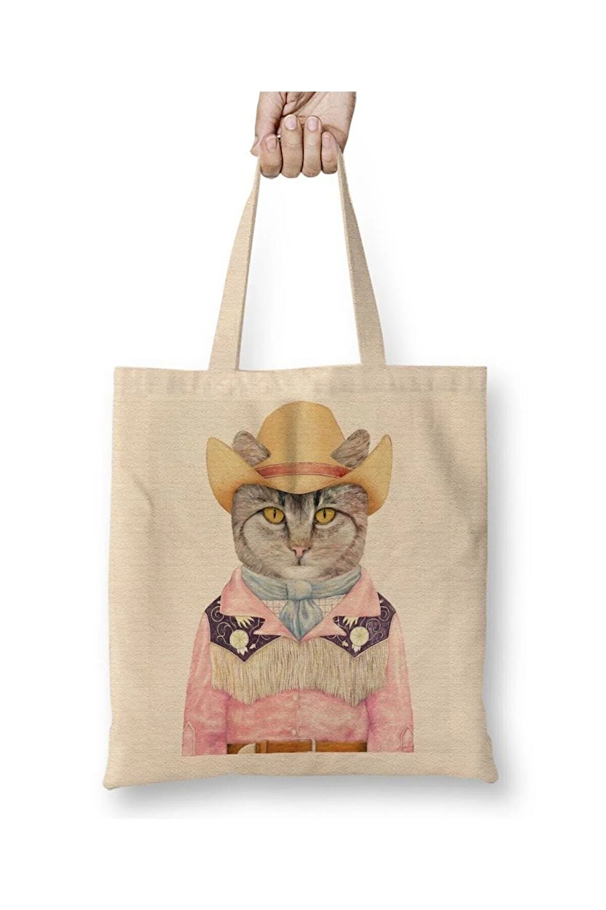 Süslü Kedi Cats Bez Çanta Uzun Saplı Alışveriş Çantası Plaj Çantası