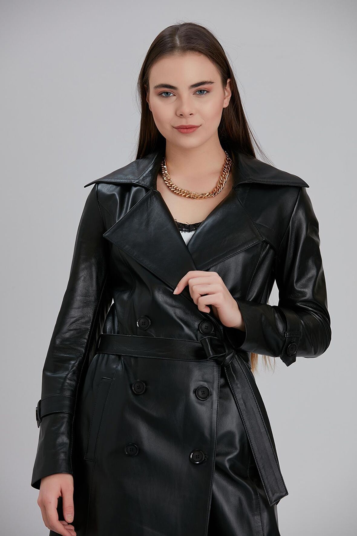 Kadın Hakiki Deri Kemerli Kruvaze Yaka Trençkot