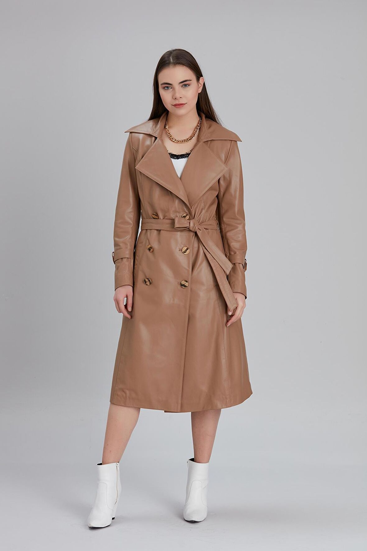 Kadın Hakiki Deri Kemerli Kruvaze Yaka Trençkot