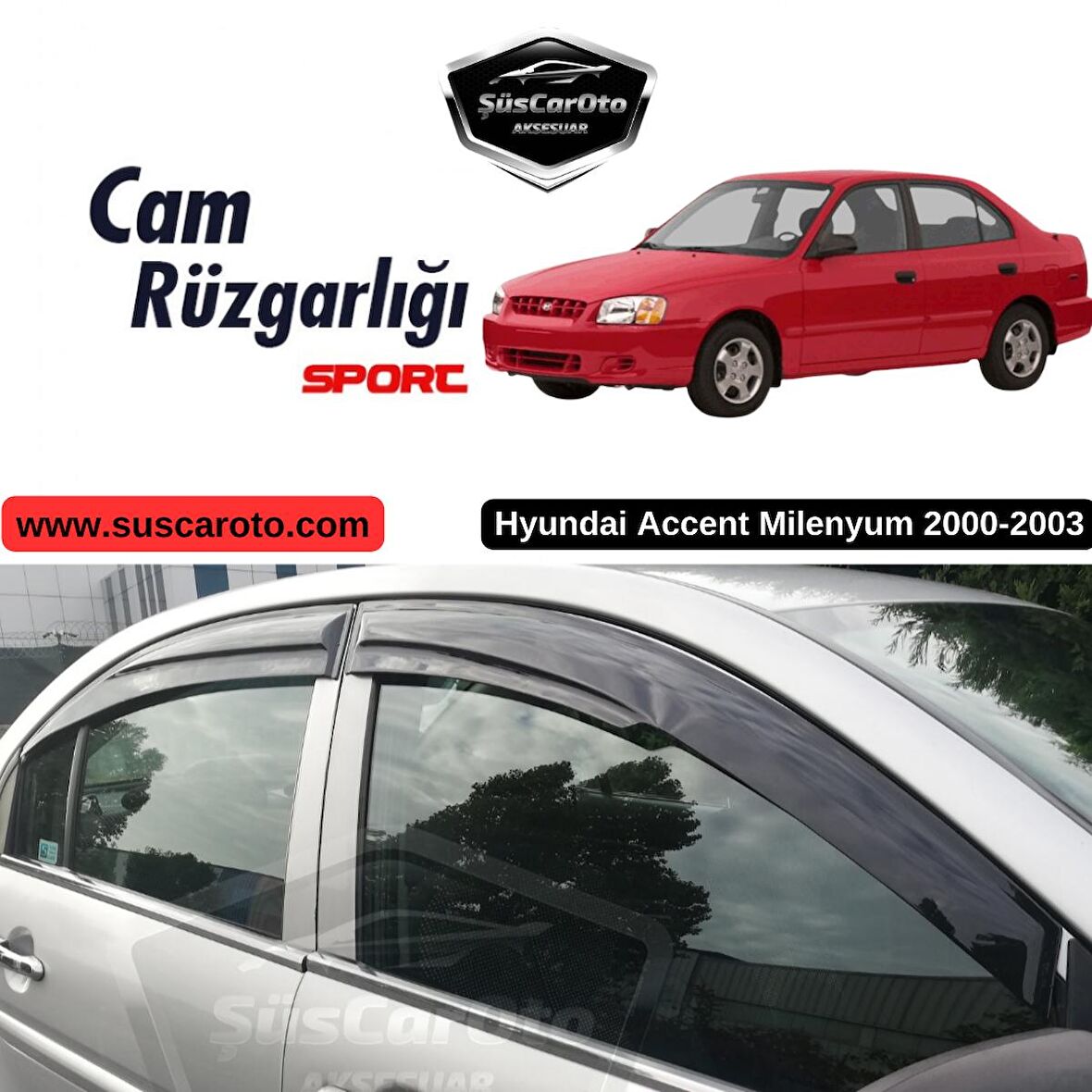 Hyundai Accent Milenyum 2000-2003 Uyumlu Mugen Cam Rüzgarlığı Seti Piano Black 4'lü İthal