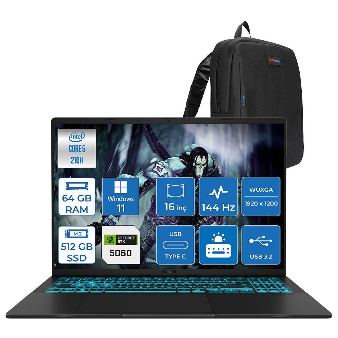 Asus Vivobook 16 V3607VM Intel Core 5 210H 64GB Ddr5 512GB SSD RTX5060 Gddr7 8gb Windows 11 Home 16" WUXGA(1920X1200) 144HZ 300NITS Taşınabilir Bilgisayar RP049H27 + Zetta Çanta