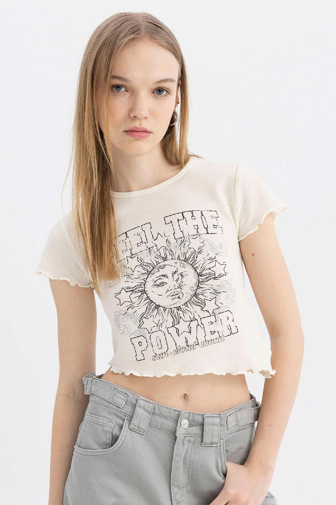 DeFacto Coool Fitted Bisiklet Yaka Baskılı Waffle Kısa Kollu Tişört C8612AX24SMER238