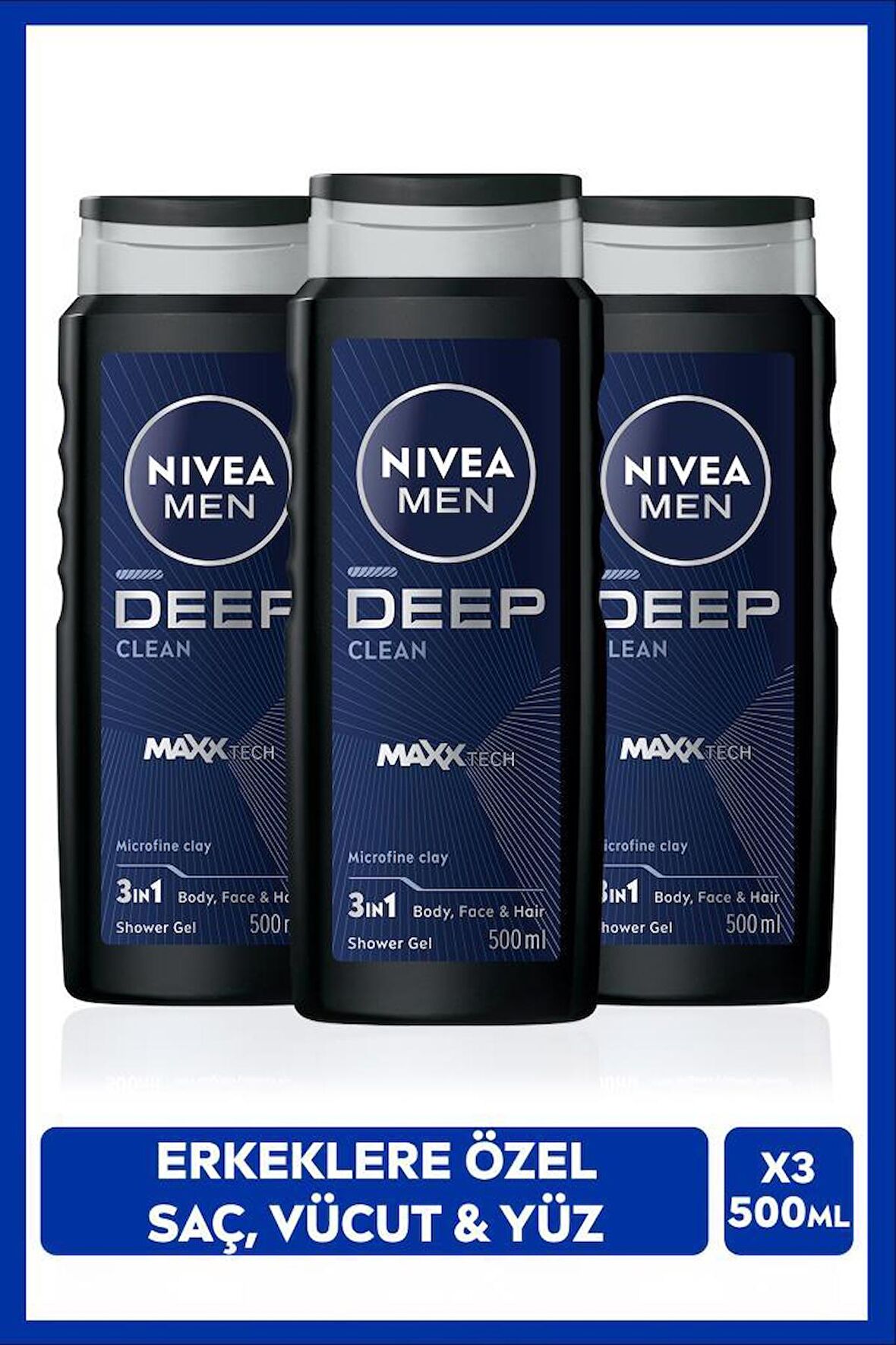 NIVEA MEN Erkek Deep Dimension Duş Jeli 500ml, 3ü1 Arada Komple Bakım, Vücut Saç Yüz, Erkeksi Koku, X3 Adet