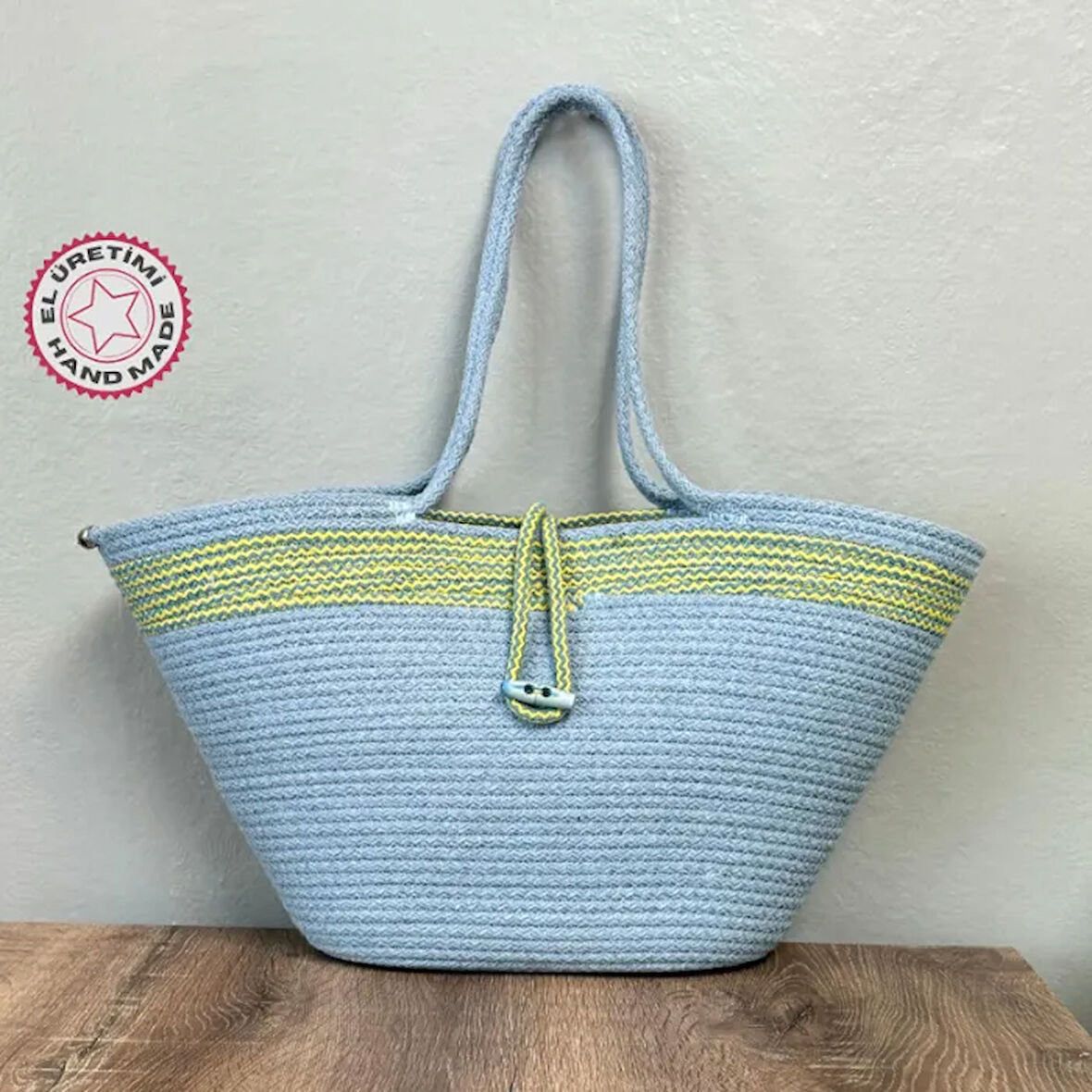 Uretti - Nuran 9092 El Yapımı Tress İp Plaj Çanta 25cm - Mavi