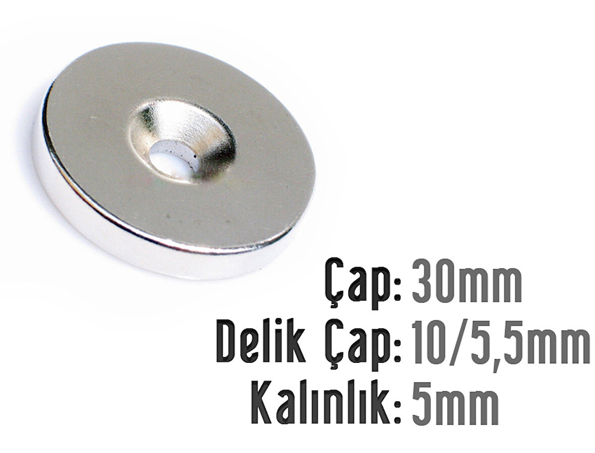 Neodyum Mıknatıs Yuvarlak Havşalı Çap 30mm (delik 10/5.5mm) Kalıklık 5mm 1 Adet