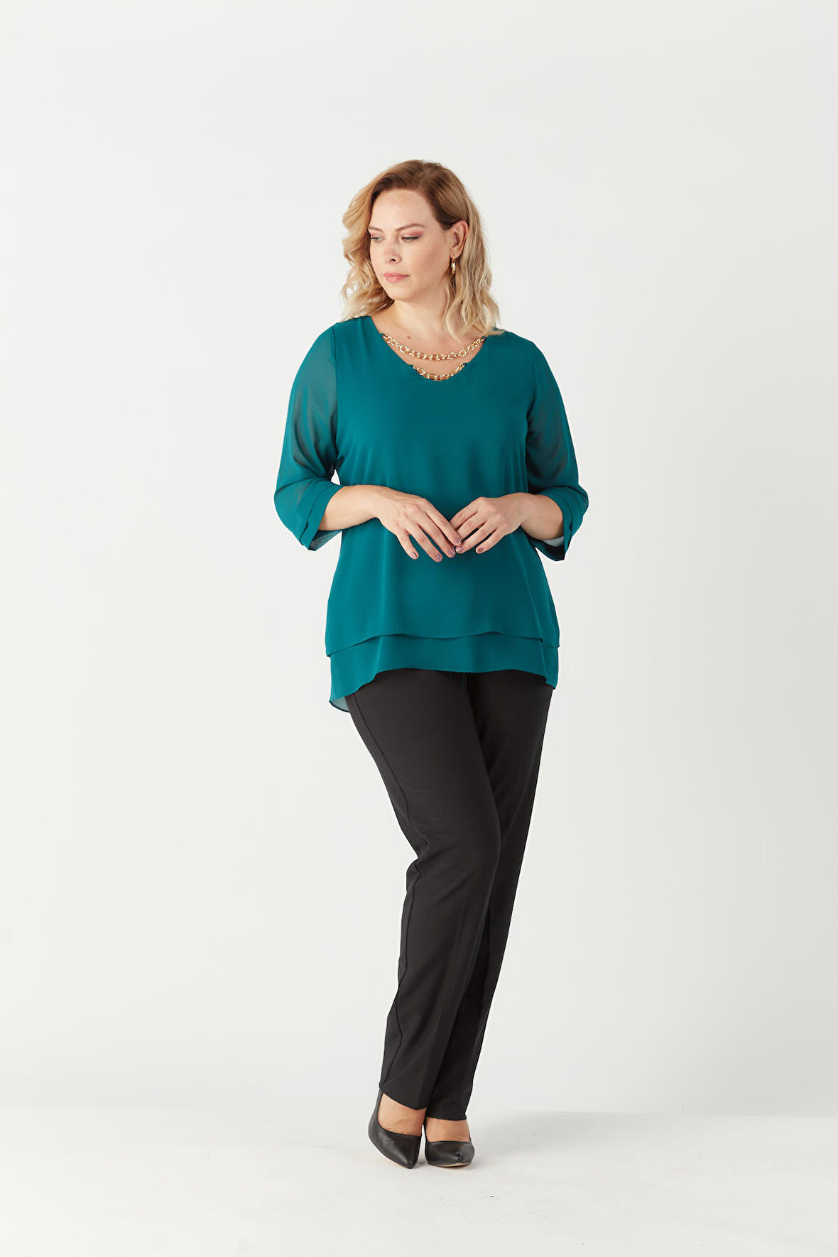 1935 Zincir Yakalı Şifon Büyük Beden Şık Bluz Petrol