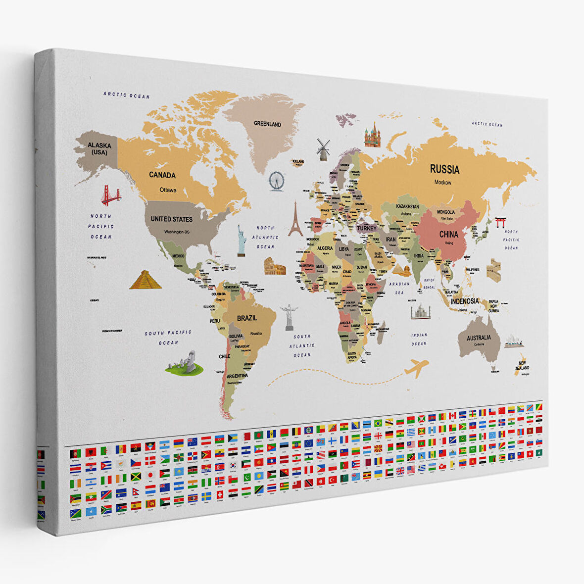 Harita Sepeti Dünya Haritası Ülke Bayraklı ve Başkentli Kanvas Tablo 1935