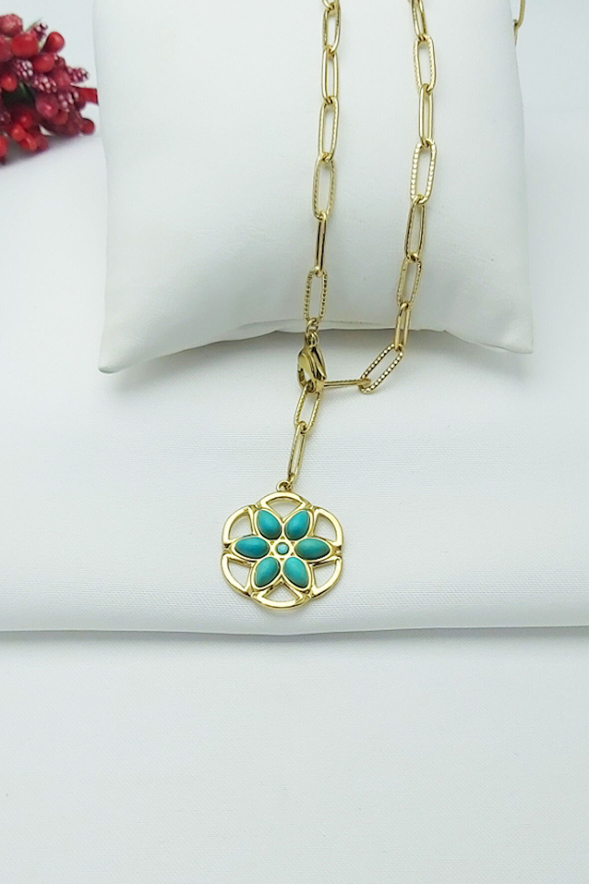 Altın Kaplama Özel Seri Kararmaz Turkuaz Taşlı Lotus Çiçeği Çelik Kolye 48 cm