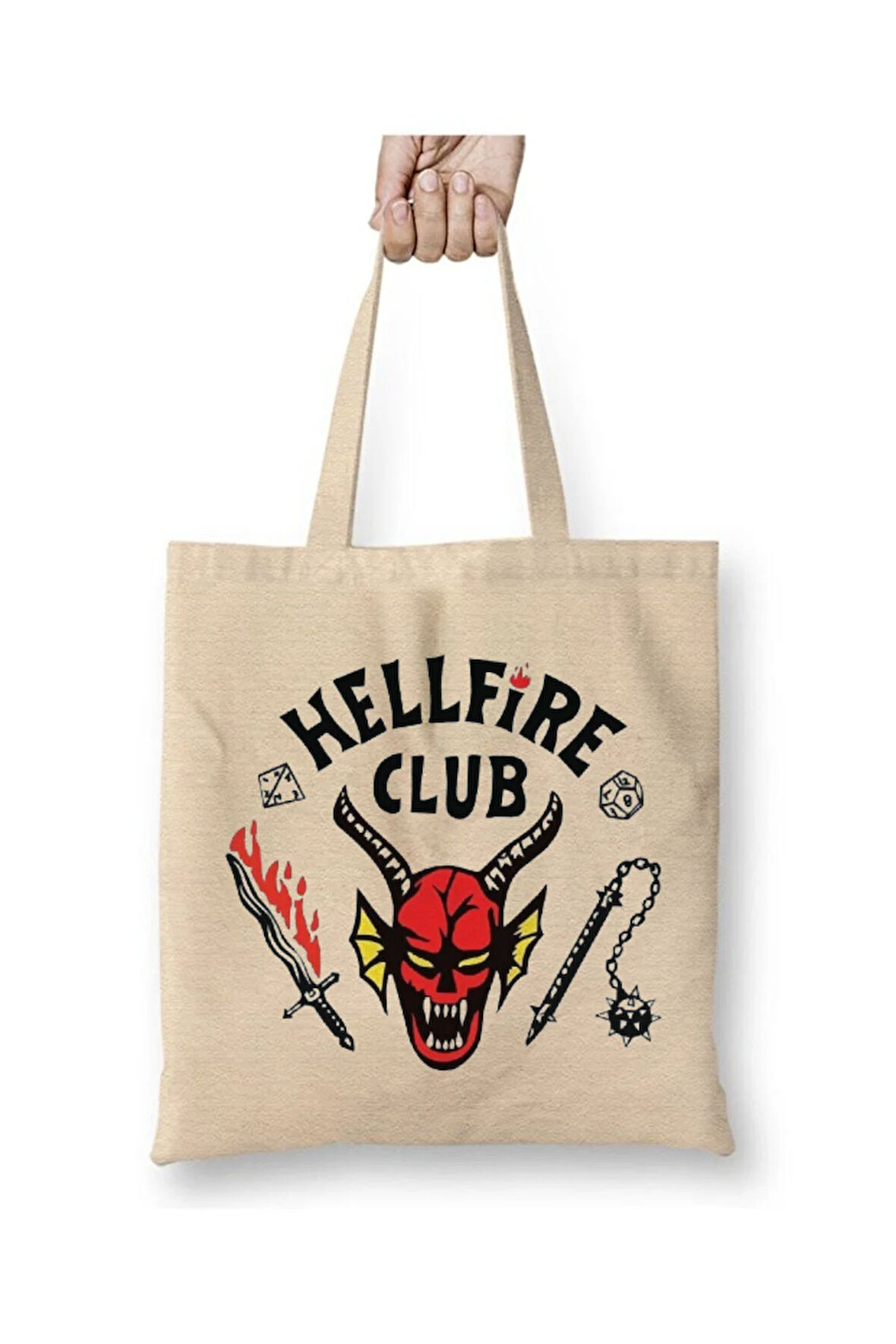 Stranger Things - Hellfire Club Beyaz Bez Çanta Uzun Saplı Alışveriş Çantası Plaj Çantası