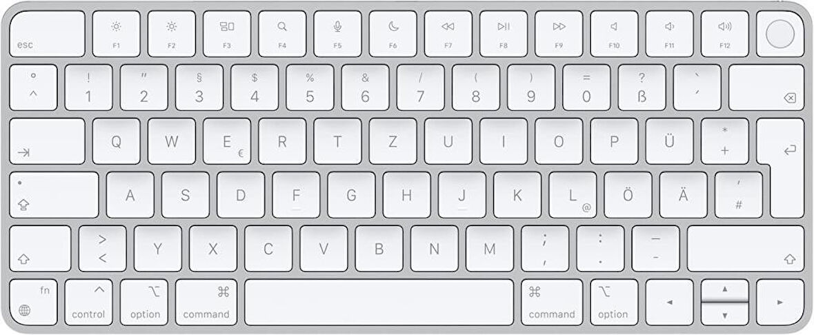 Apple Touch ID özellikli Magic Keyboard: Bluetooth, şarj edilebilir. Apple çipe sahip Mac bilgisayarlarla çalışır; Almanca, Beyaz Tuşlar