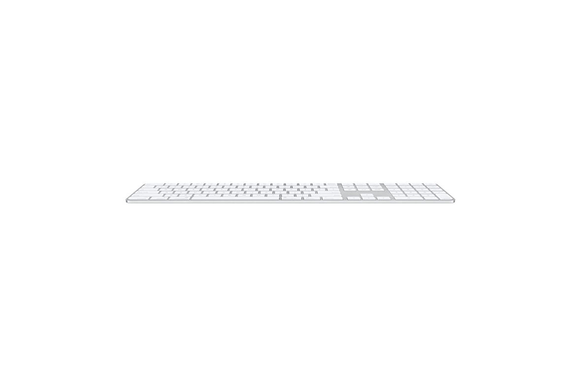 Apple Touch ID özellikli ve Sayısal Tuş Takımlı Magic Keyboard: Bluetooth, şarj edilebilir. Apple çipe sahip Mac bilgisayarlarla çalışır; Almanca, Beyaz tuşlar (Lightning)