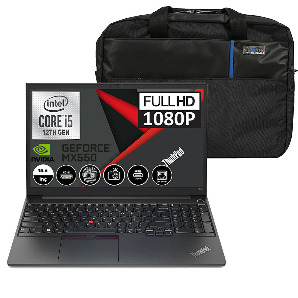 Lenovo ThinkPad E15 Gen4 Intel Core I5 1235U 40GB 512GB SSD + 512GB SSD MX550-2GB Windows 11 Pro 15.6" Fhd Taşınabilir Bilgisayar 21E60073TX18 + Zetta Çanta