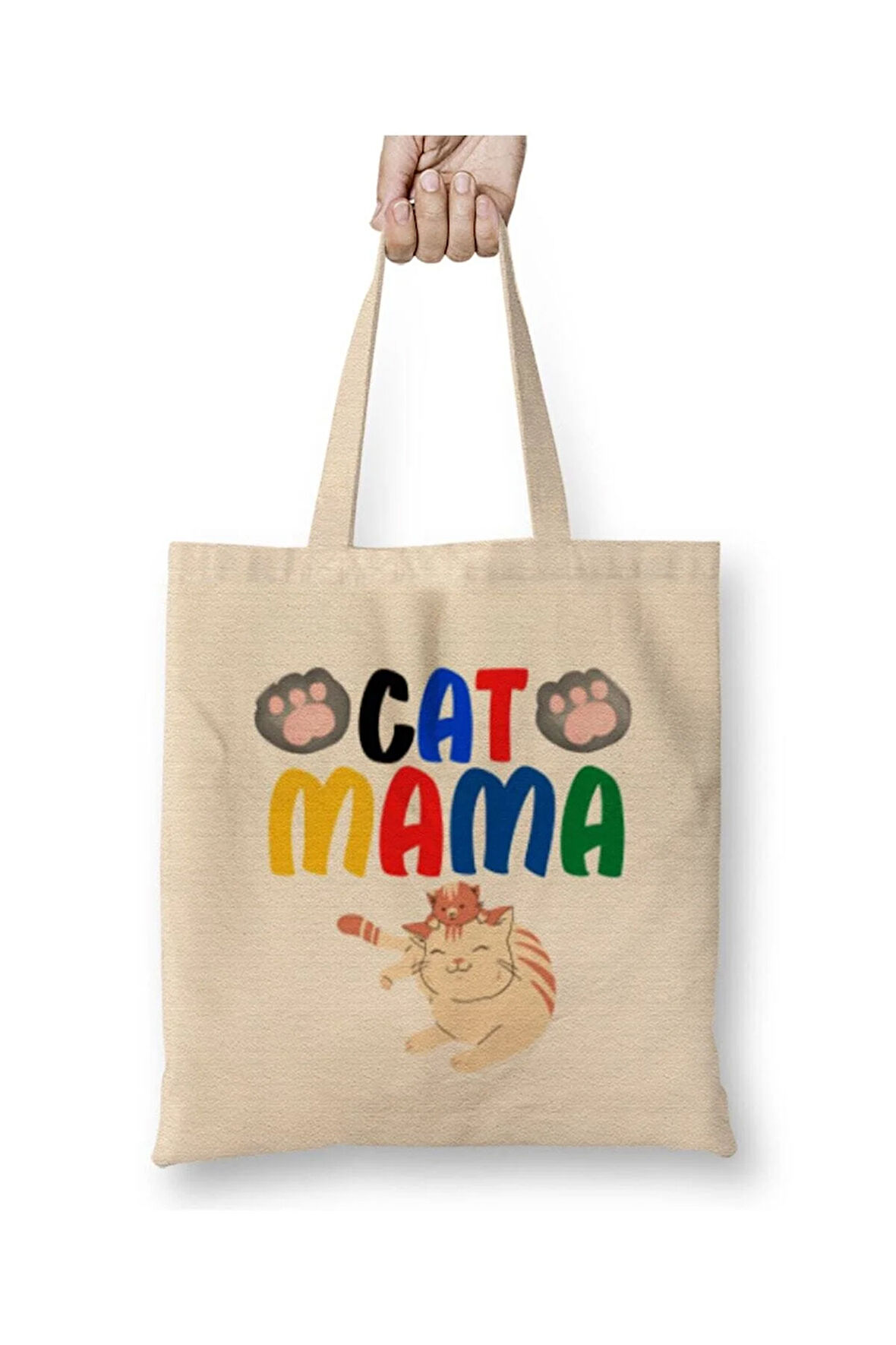 Cat Mama Funny Cat Lover Gifts For Women Men Kids Beyaz Bez Çanta Uzun Saplı