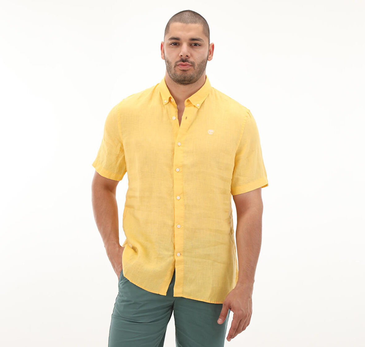 B0A2DCCEG41-R Timberland Linen Short Sleeve Shirt Erkek T-Shirt Sarı
